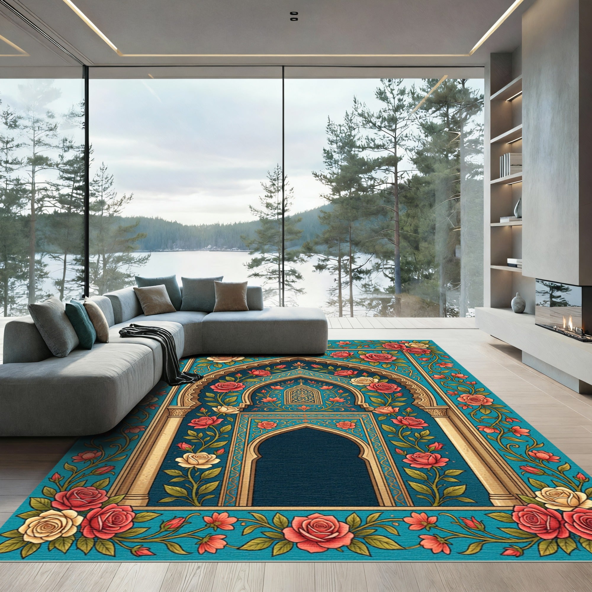 Ornate Floral Arch Rose Teal Tapestry Rug