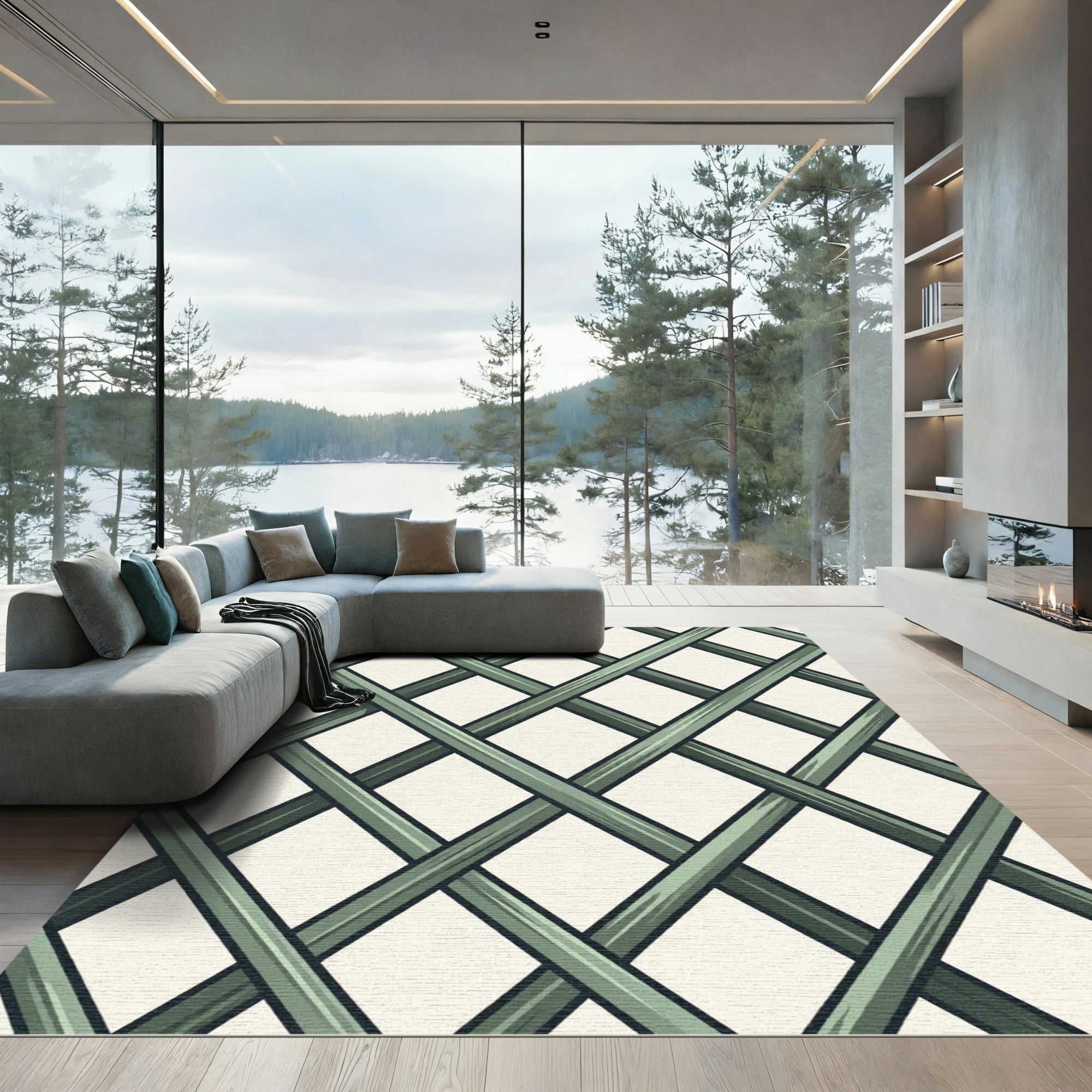 Sophisticated Sage Green Geometric Lattice Rug