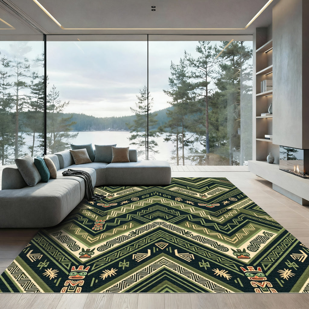 Green Tribal Totem Chevron Rug