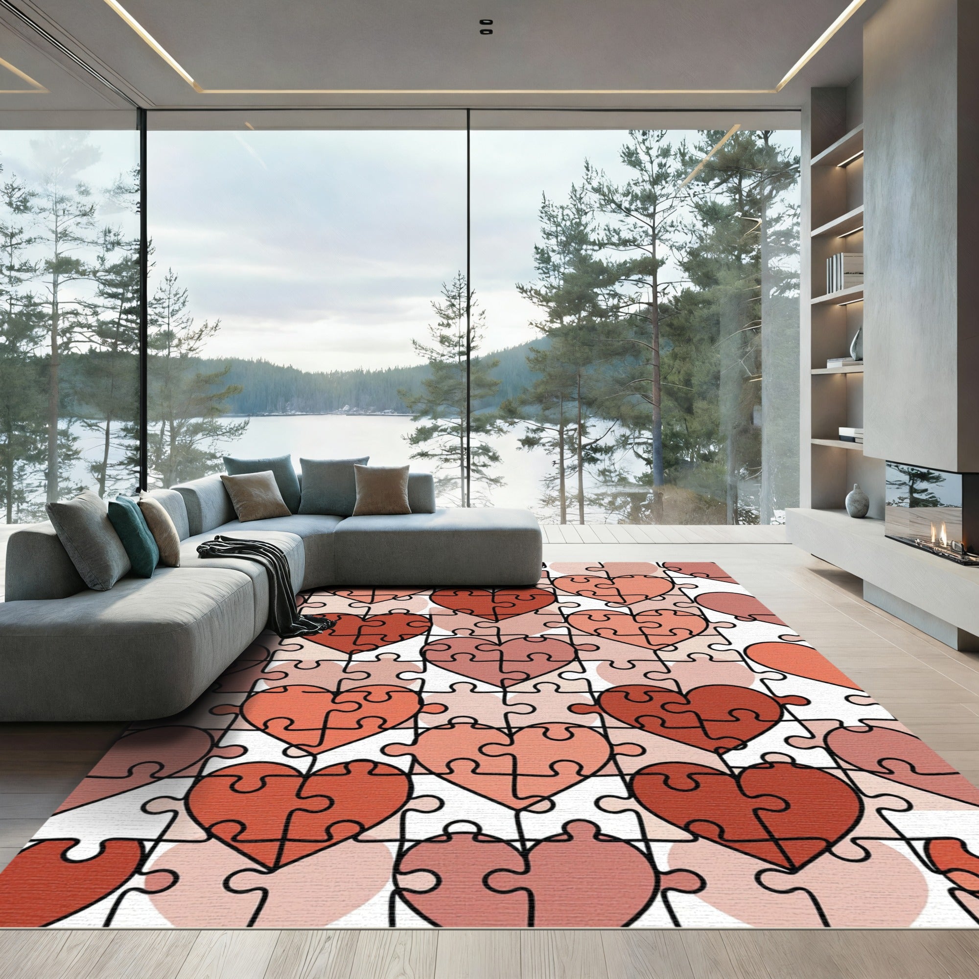 Interlocking Terracotta Heart Jigsaw Art Rug