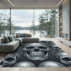Monochrome Silver Gothic Skull Mosaic Rug