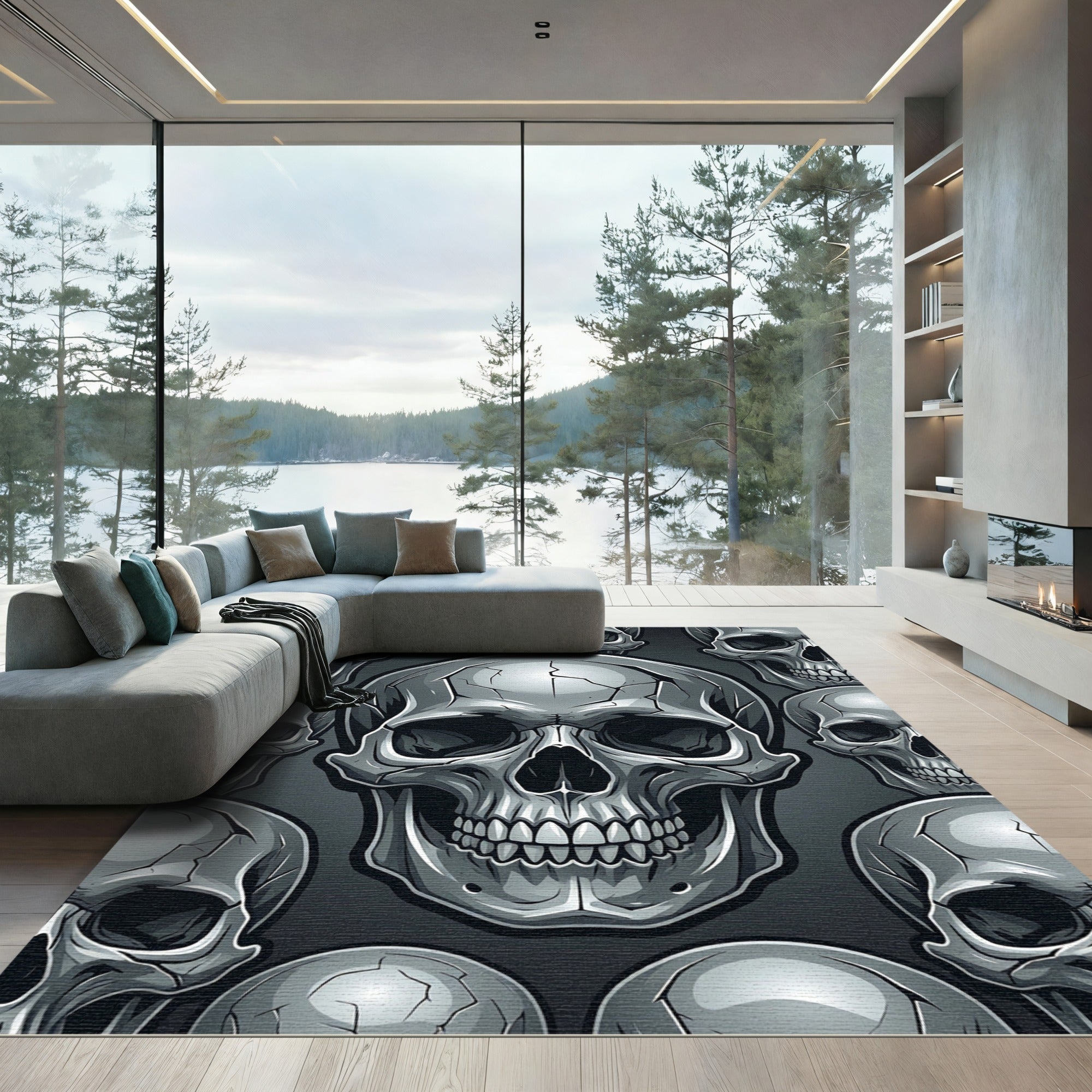 Monochrome Silver Gothic Skull Mosaic Rug