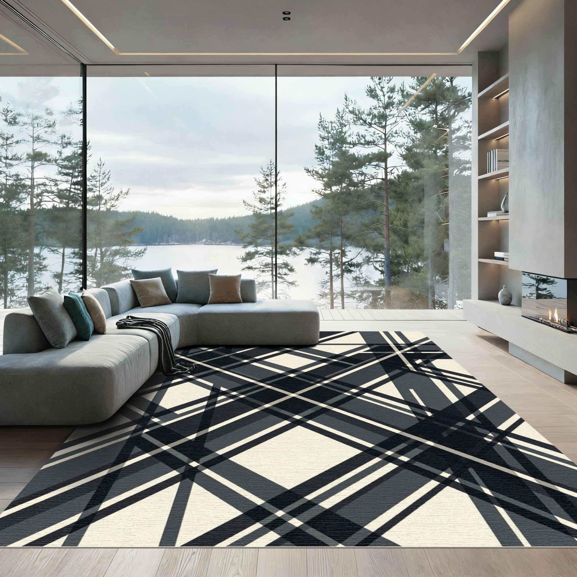 Monochrome Geometric Diagonal Plaid Rug