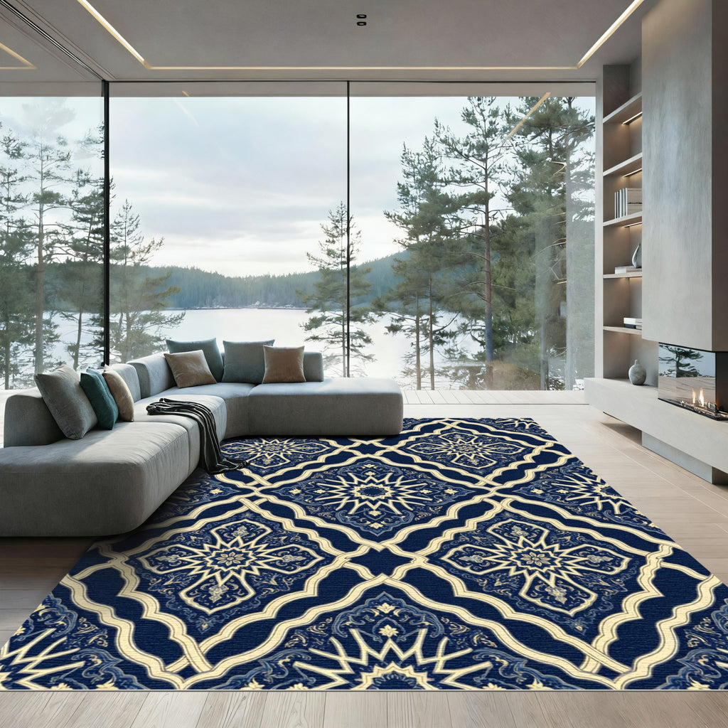 Navy and Cream Ornate Star Tile Rug