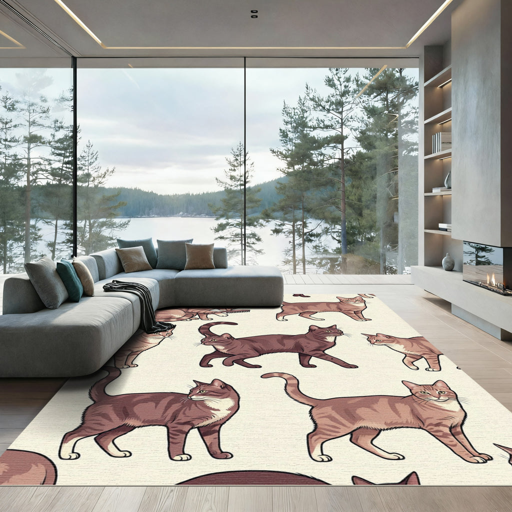 Playful Beige Tabby Cat Illustration Rug