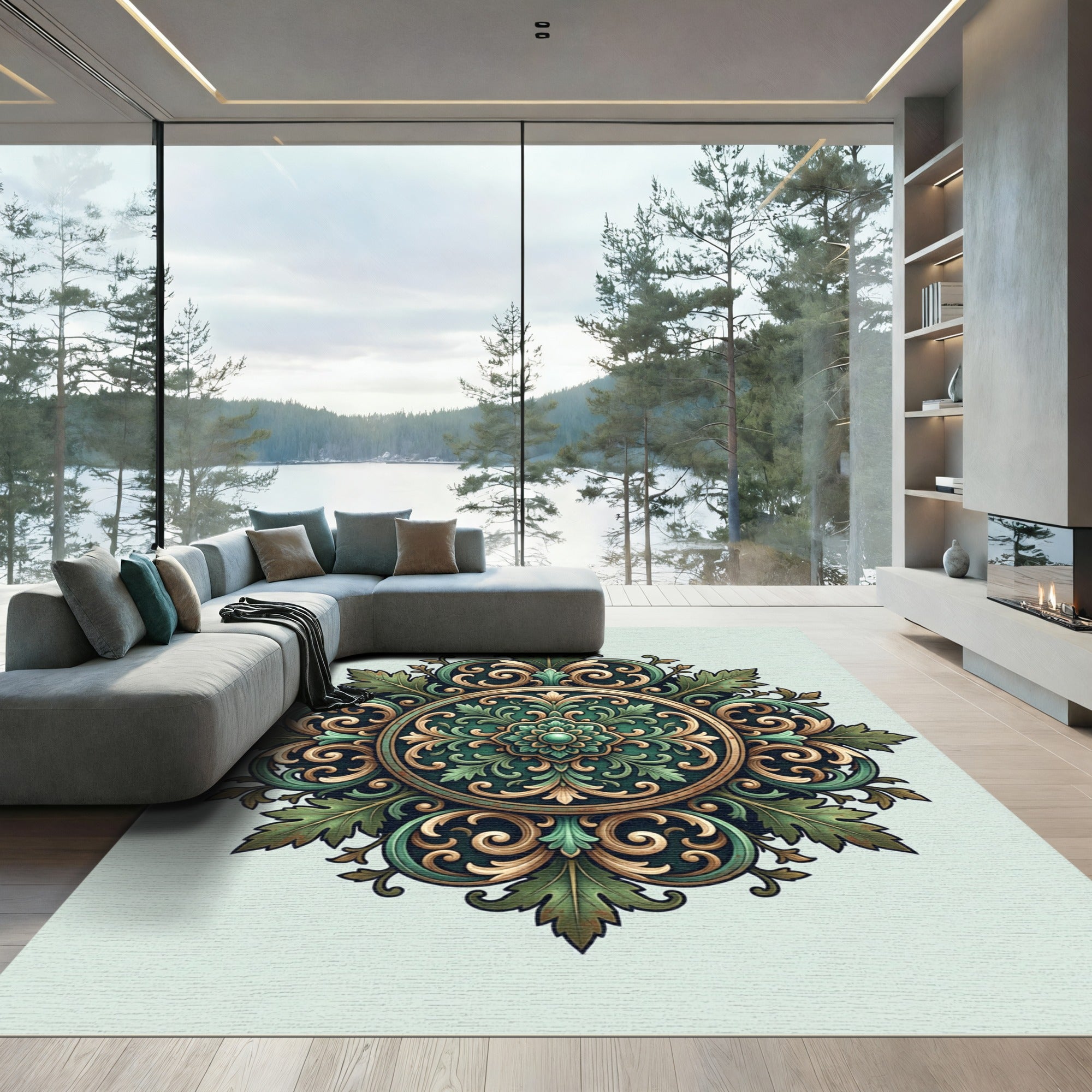 Ornate Sage Green Filigree Medallion Rug