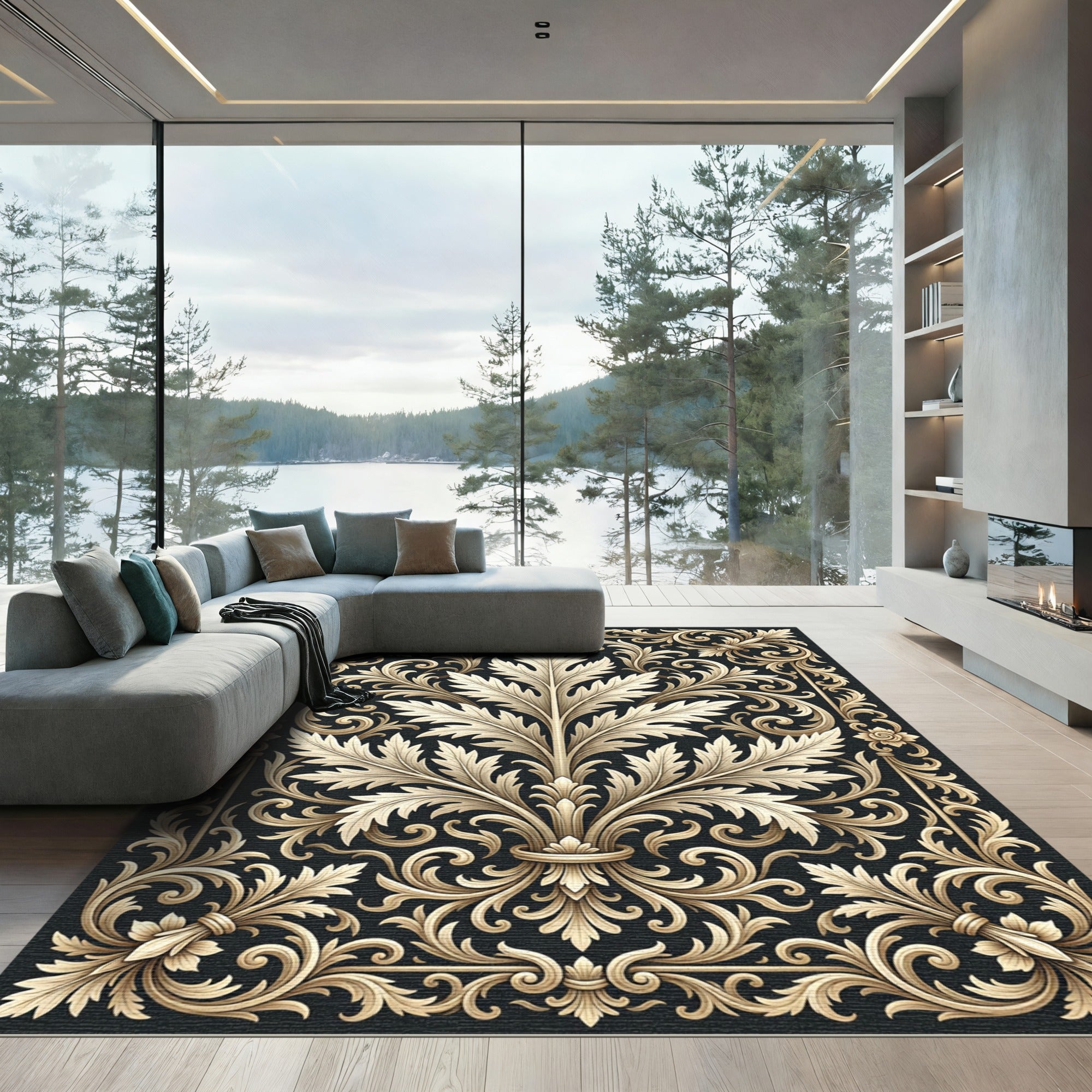 Ornate Acanthus Scrollwork Emblem Rug