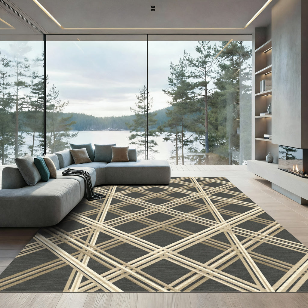 Modern Geometric Cream and Charcoal Grid Rug