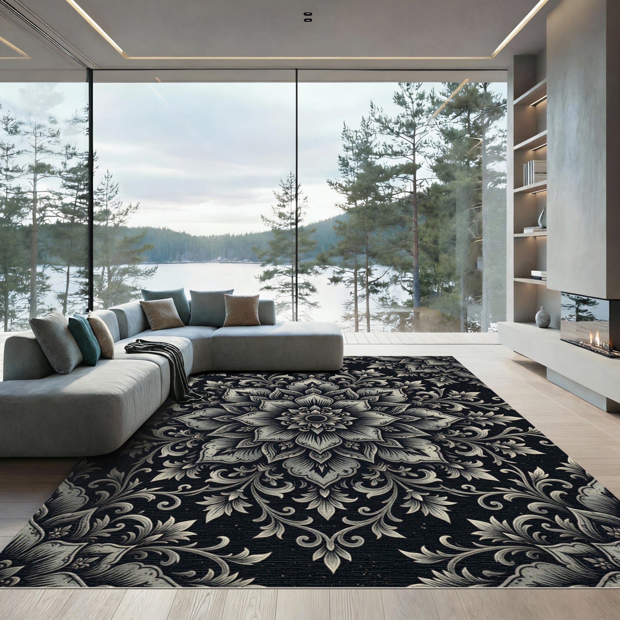 Elegant Charcoal Floral Medallion Rug
