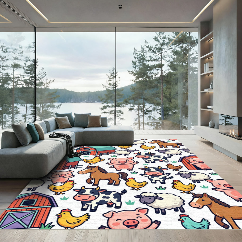 Colorful Farm Animal Character Scene Rug