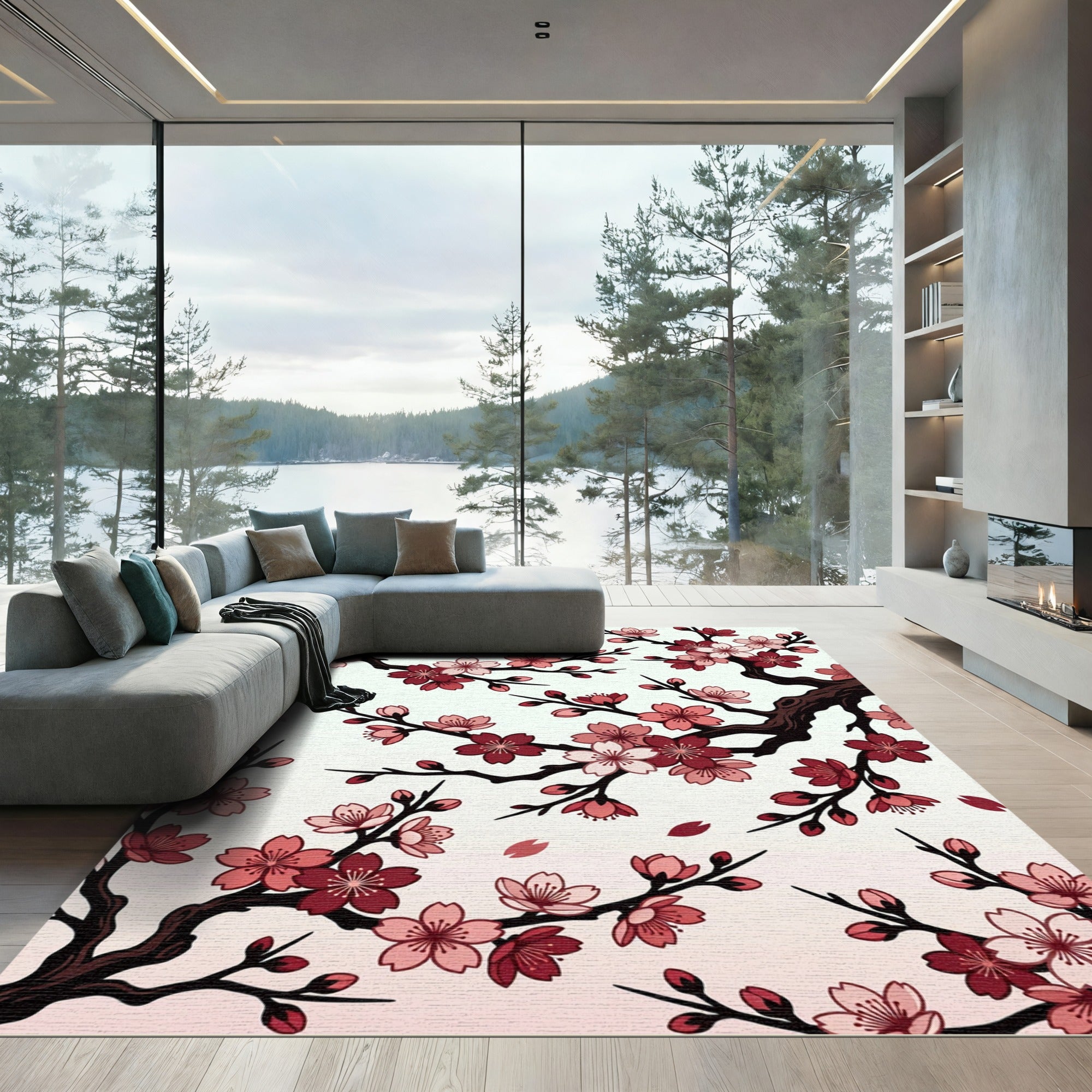 Crimson Cherry Blossom Branch Repeat Rug