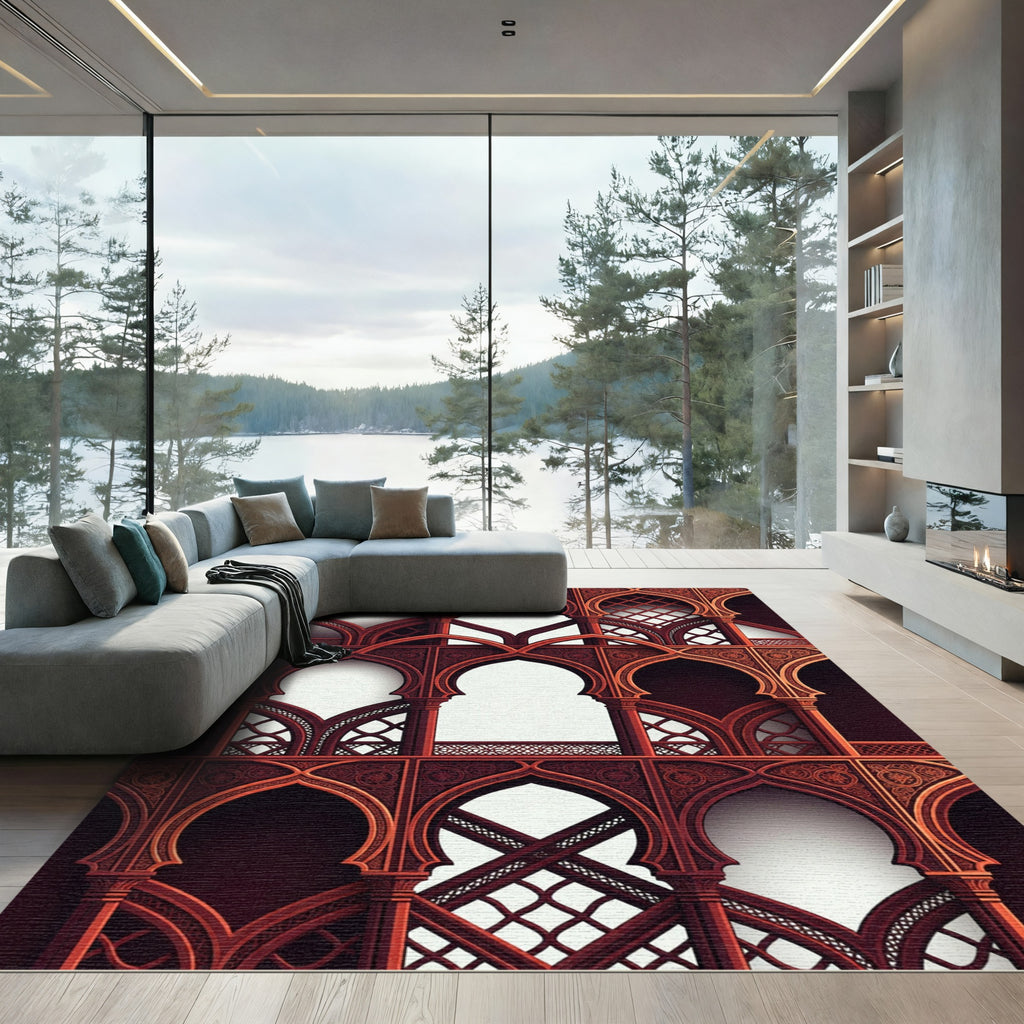 Intricate Crimson Moorish Arch Lattice Rug