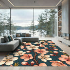 Elegant Peach Blossom Botanical Navy Backdrop Rug