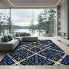 Navy Blue Yellow Geometric Diamond Rug