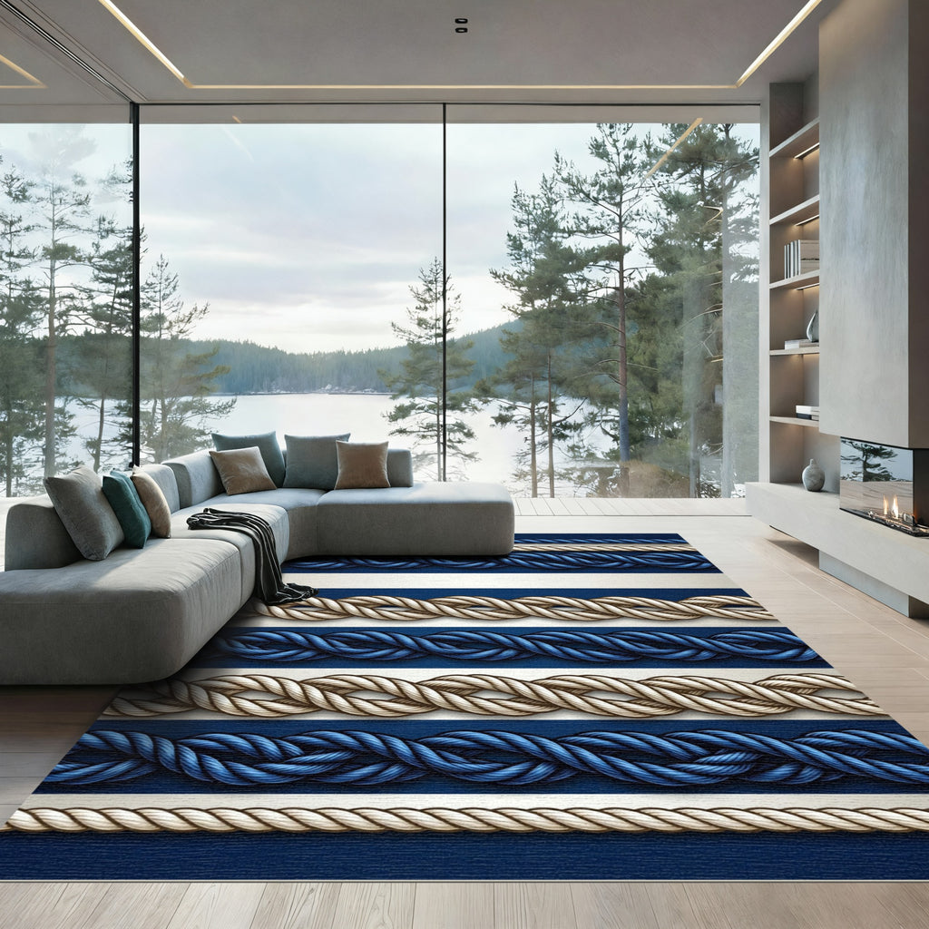 Navy and White Nautical Rope Border Rug