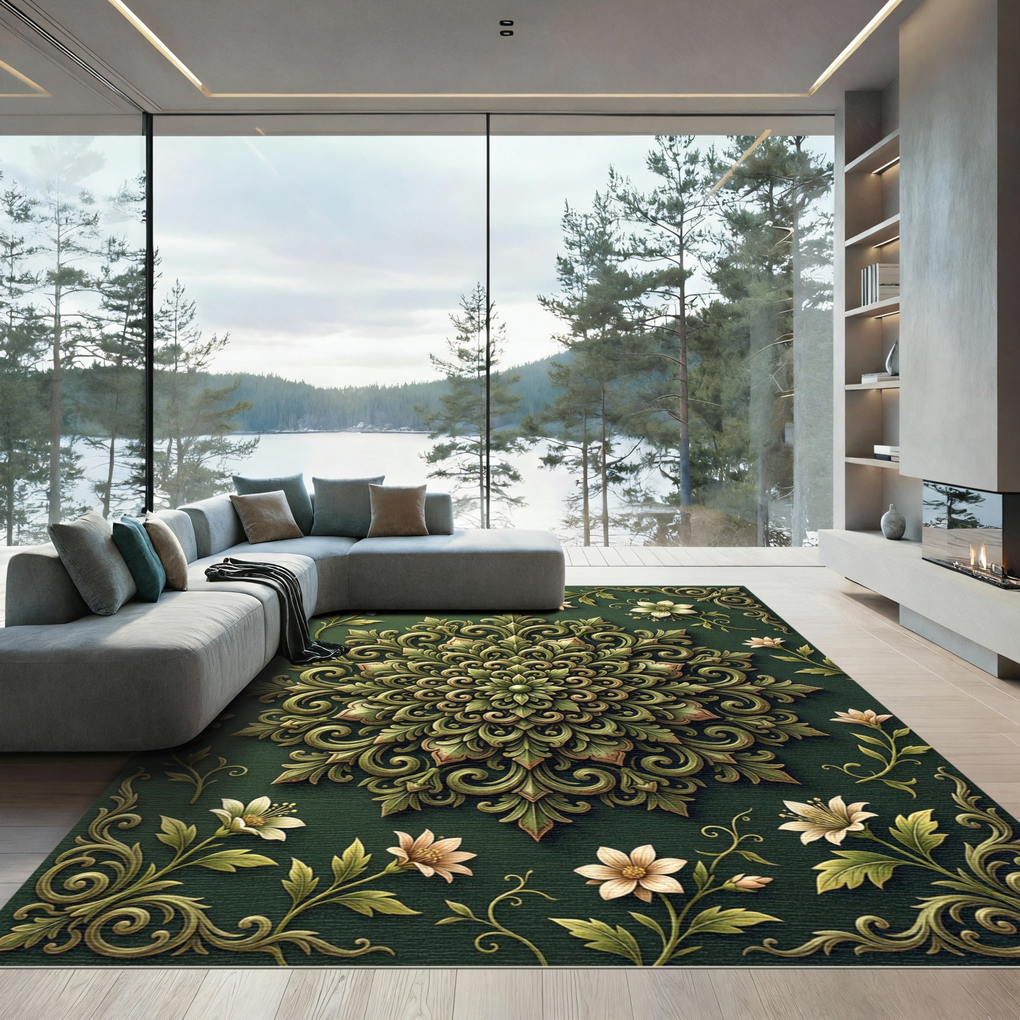 Sage Green Floral Ornate Medallion Rug