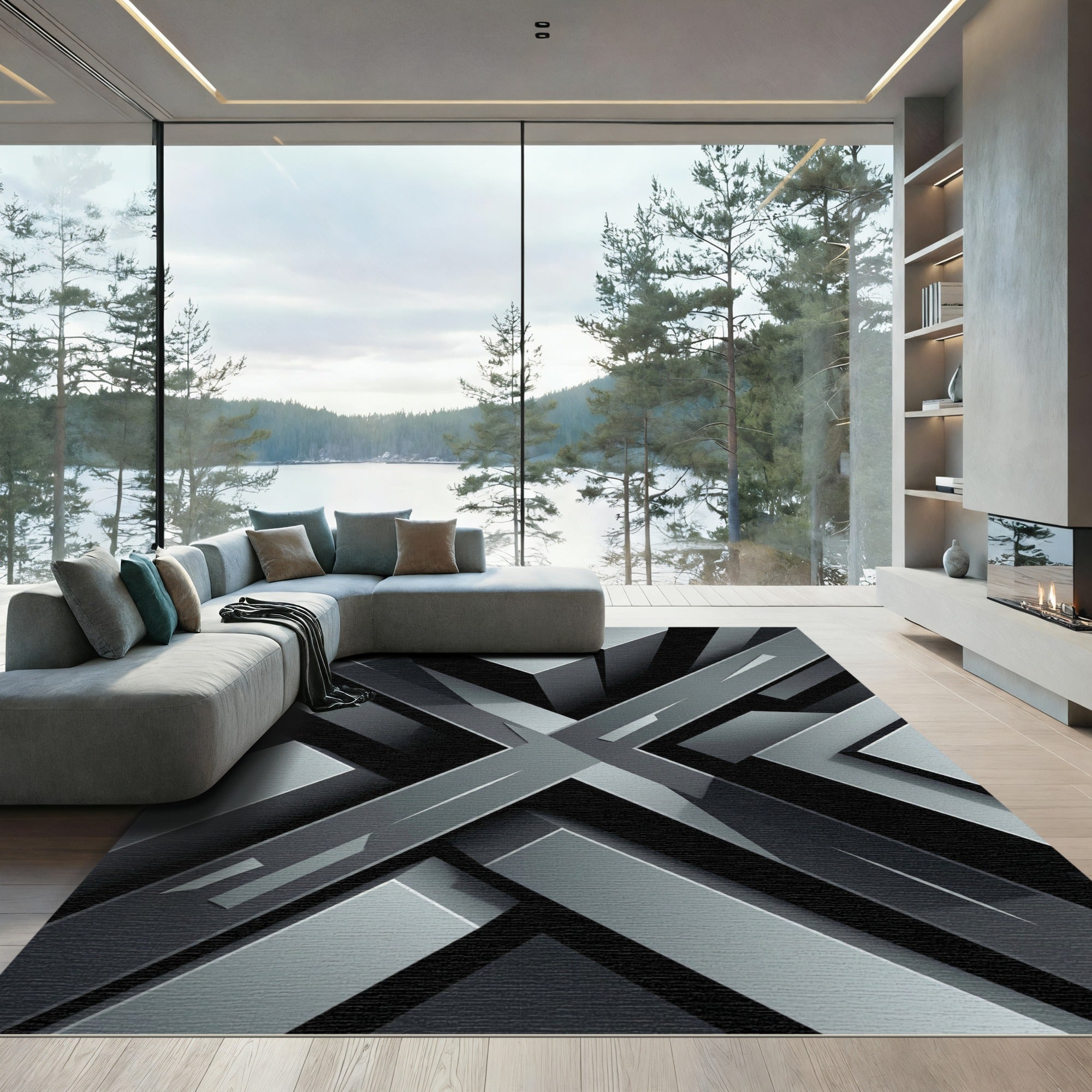Monochrome Geometric Metallic Abstract Structural Illusion Rug