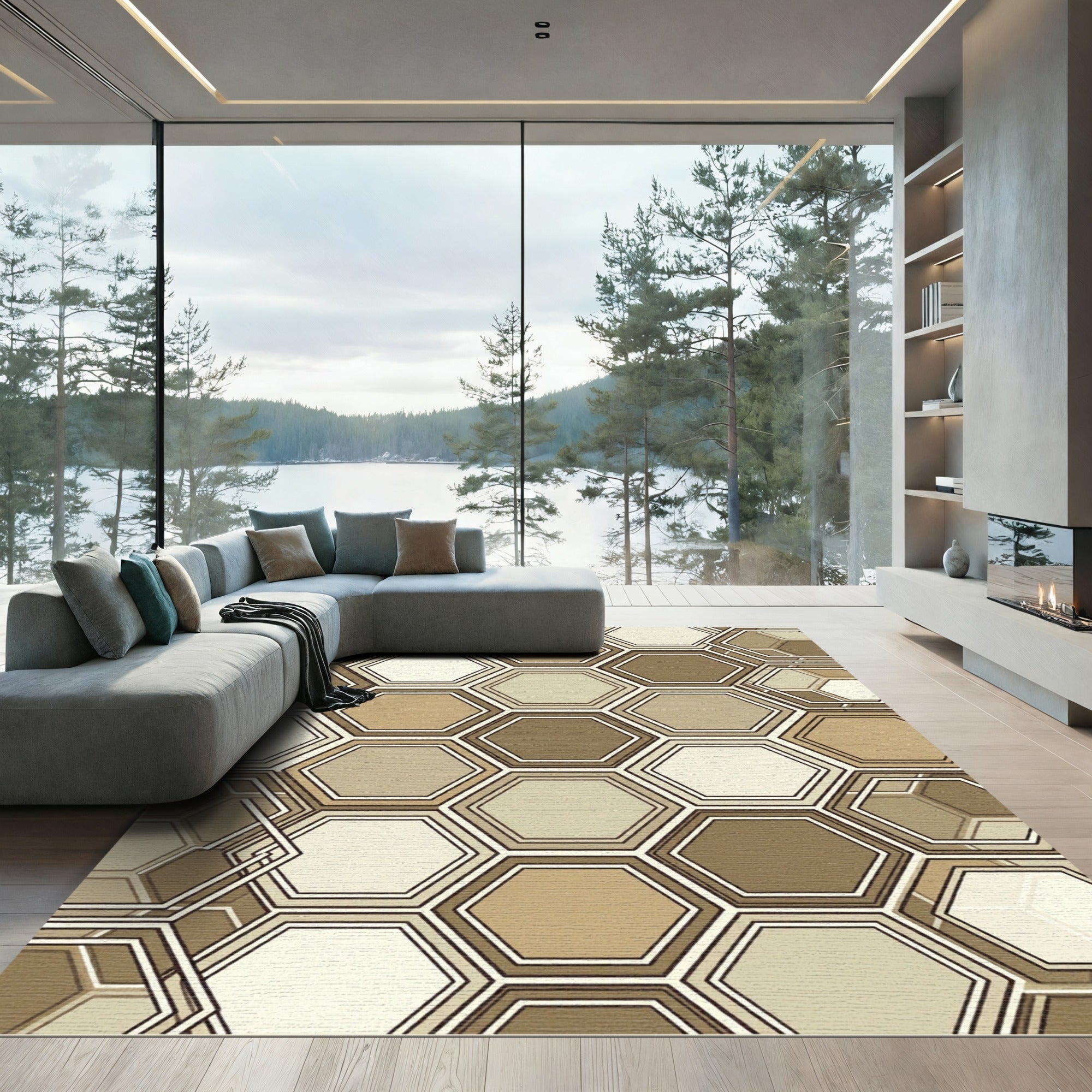 Earthy Hexagon Geometric Overlay Rug