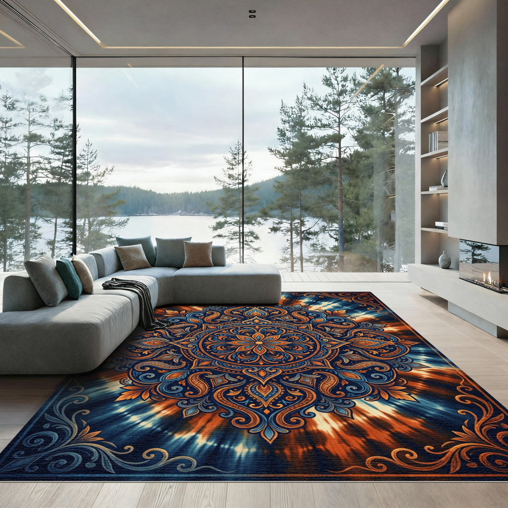 Orange Blue Tie Dye Mandala Floral Rug
