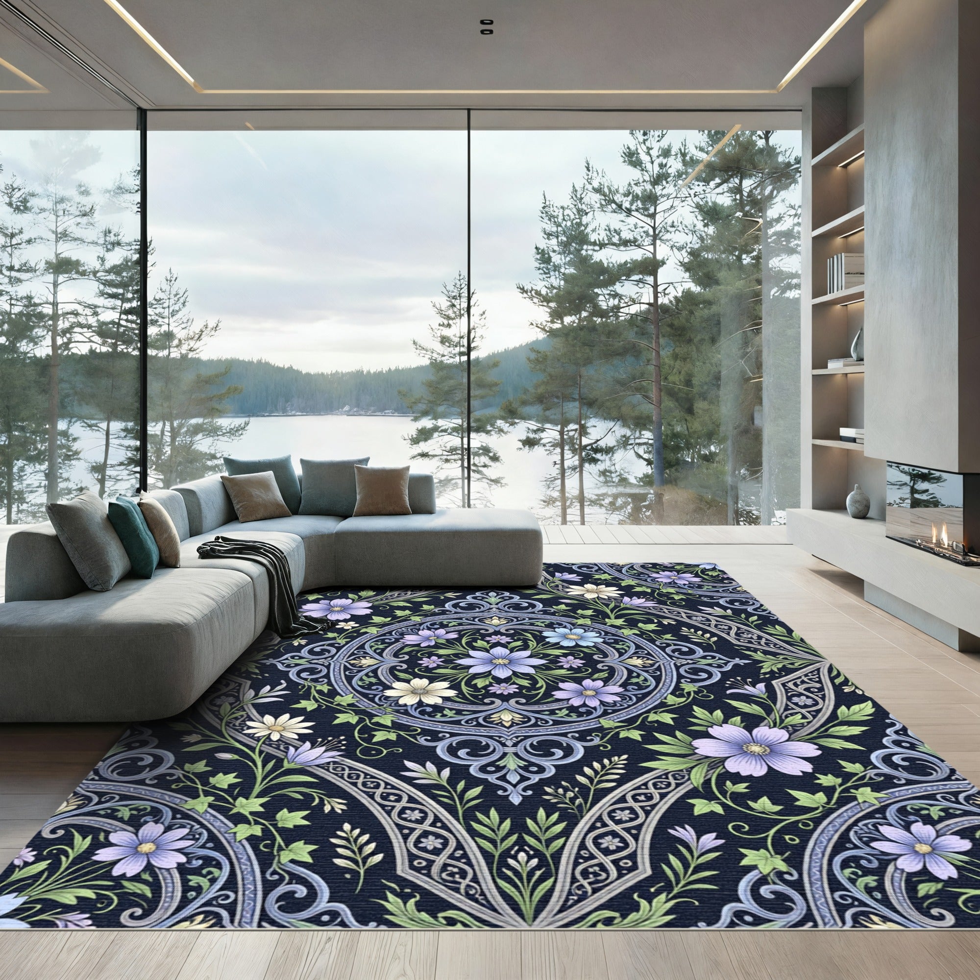 Elegant Floral Damask Navy Blue Medallion Rug