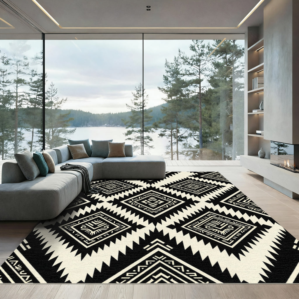 Bold Black and Ivory Geometric Diamond Rug