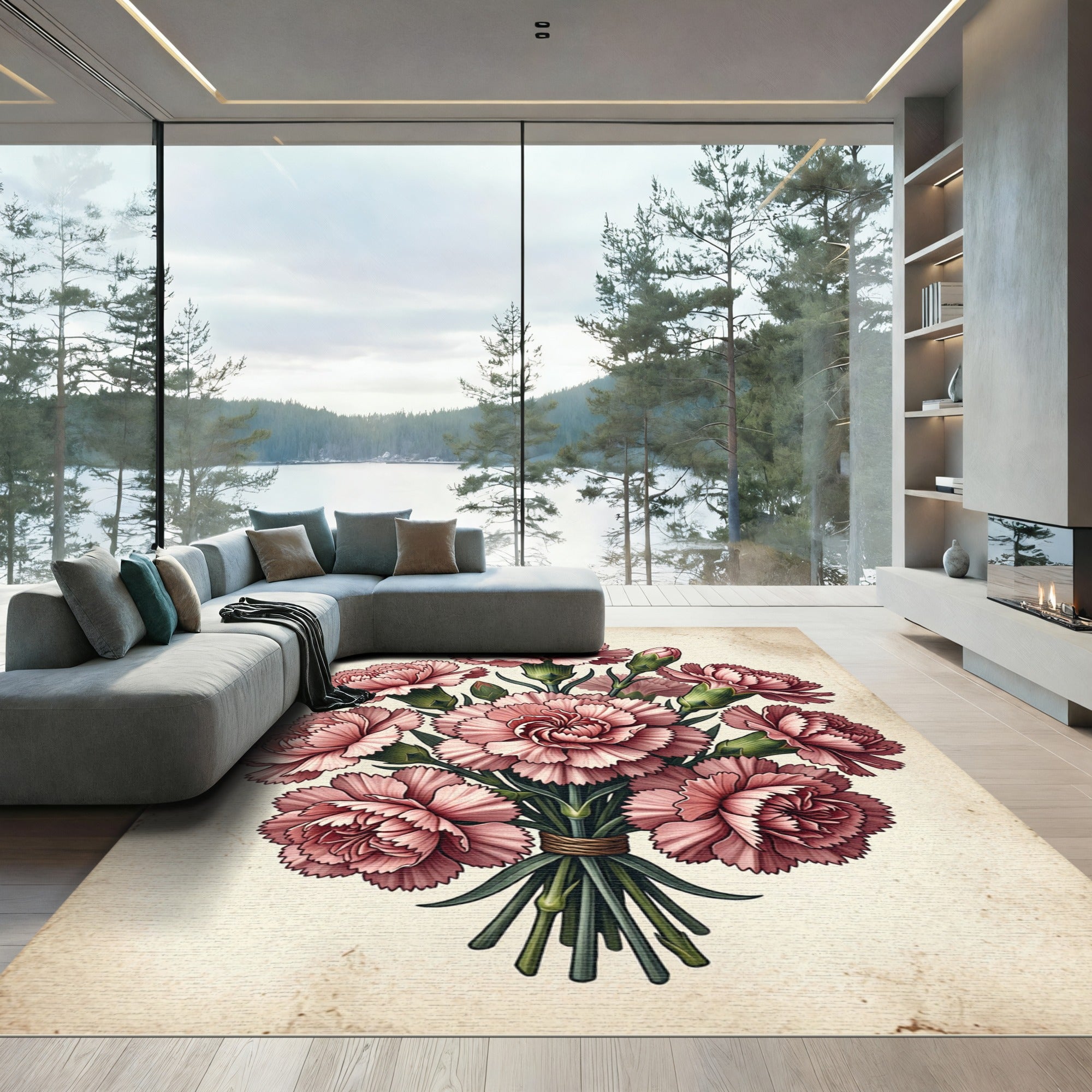 Vintage Pink Carnation Bouquet Illustration Rug