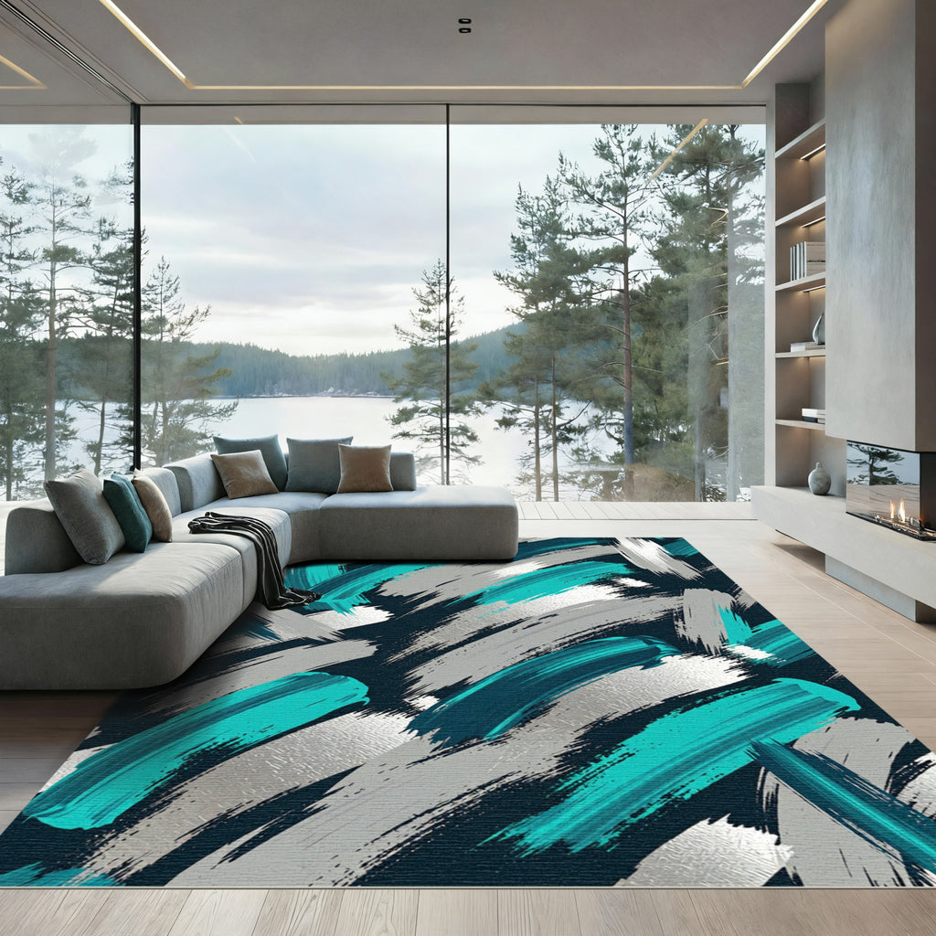 Teal Silver Abstract Brush Strokes Rug