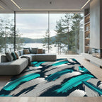 Teal Silver Abstract Brush Strokes Rug
