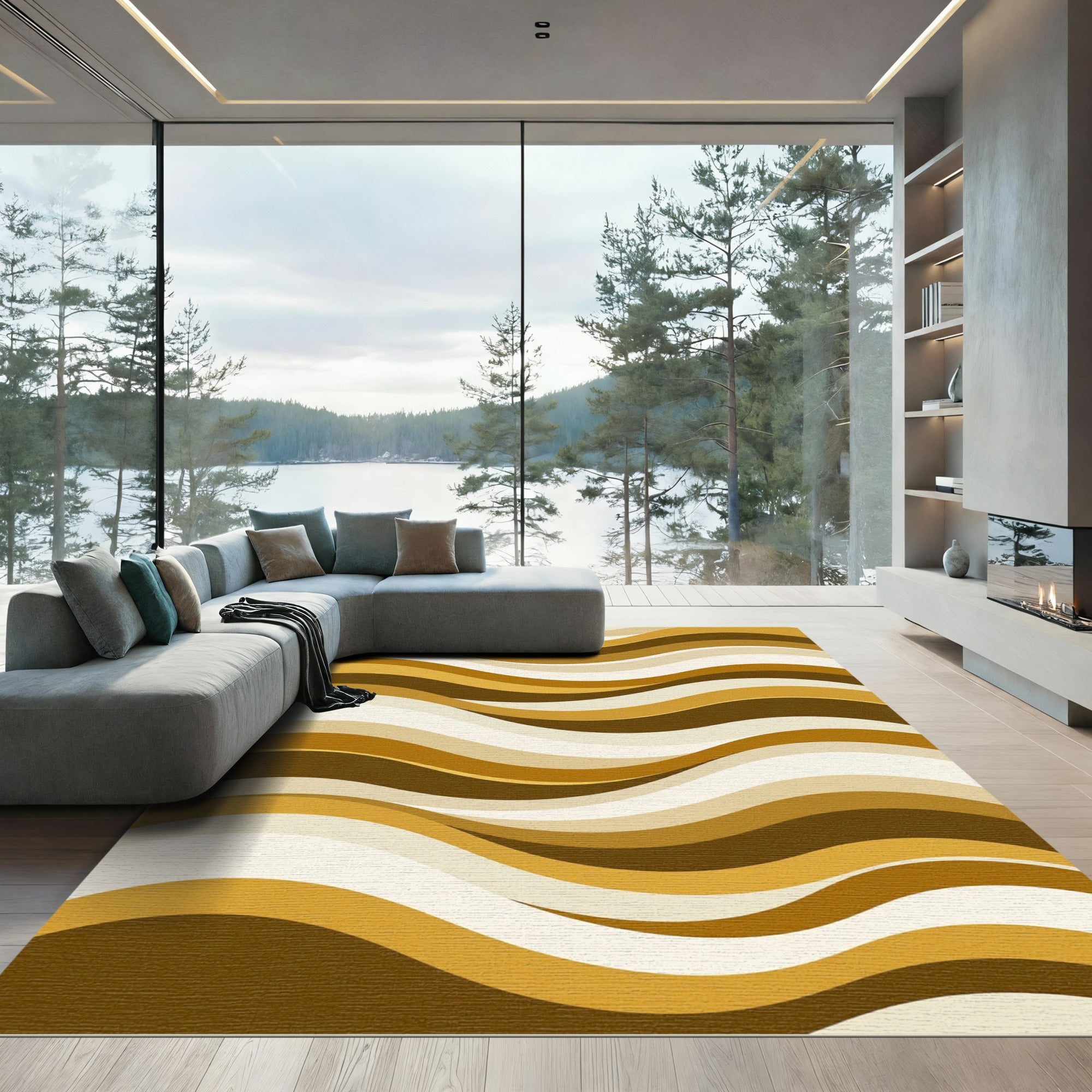 Modern Golden Brown Wavy Stripe Rug