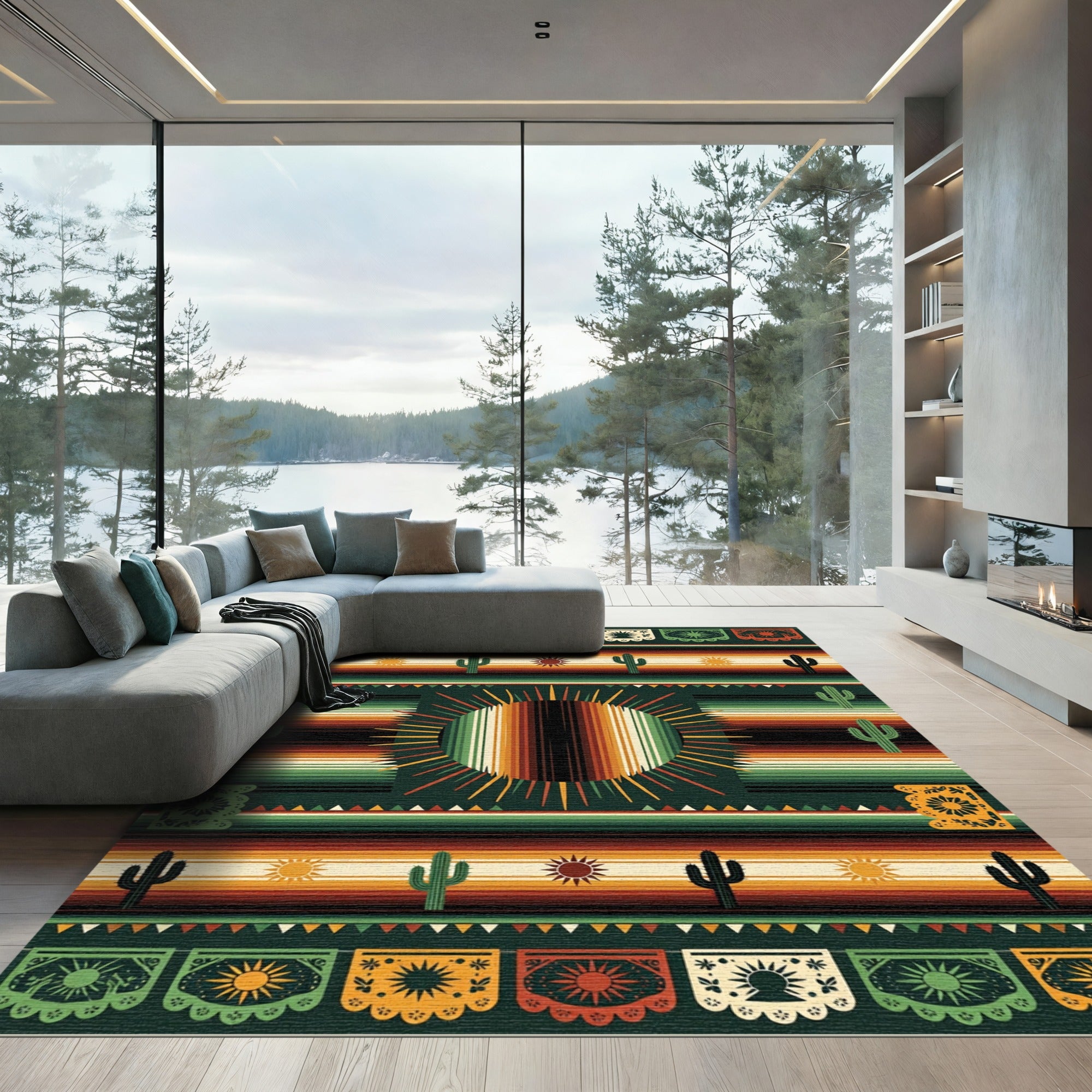 Southwestern Sun Cactus Papel Picado Striped Rug