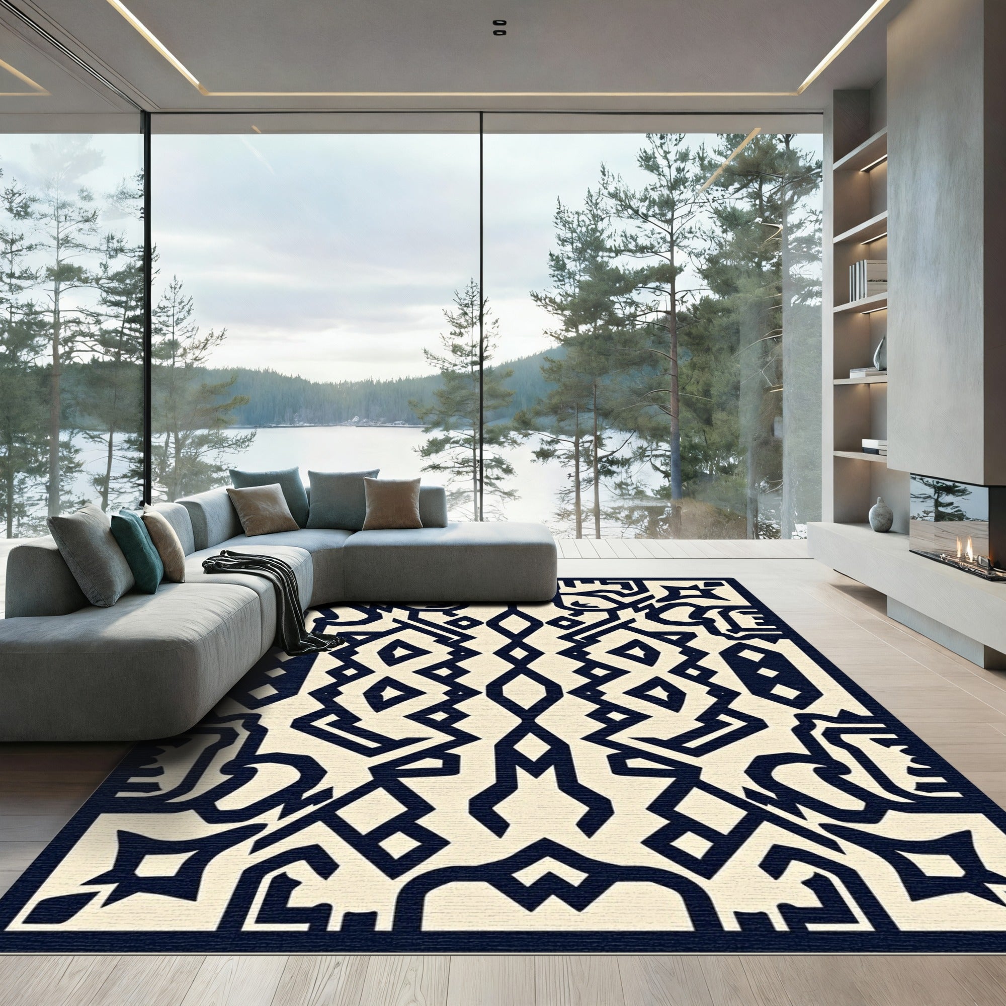 Bold Navy Geometric Tribal Rug