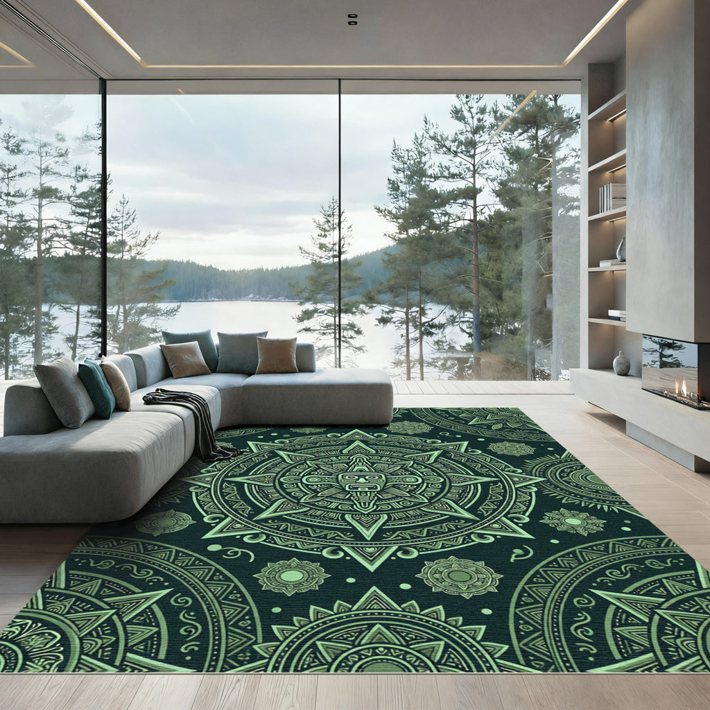 Green Sun God Medallion Mandala Rug