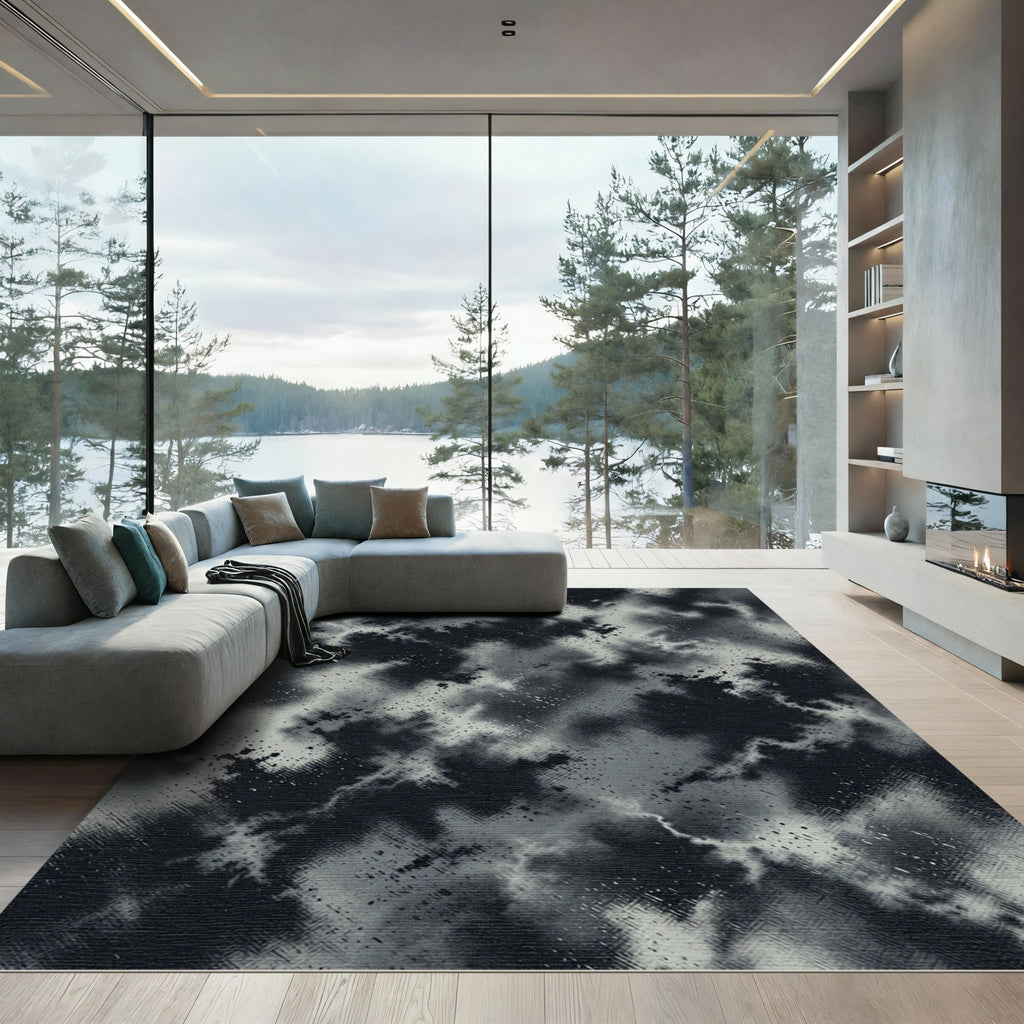 Monochrome Abstract Smoked Marble Swirl Rug