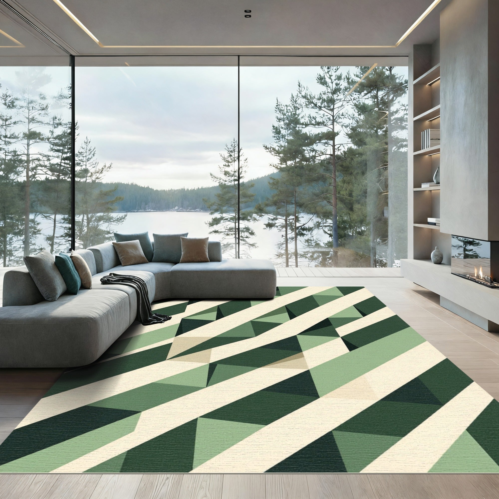 Modern Geometric Forest Green Layered Stripes Rug