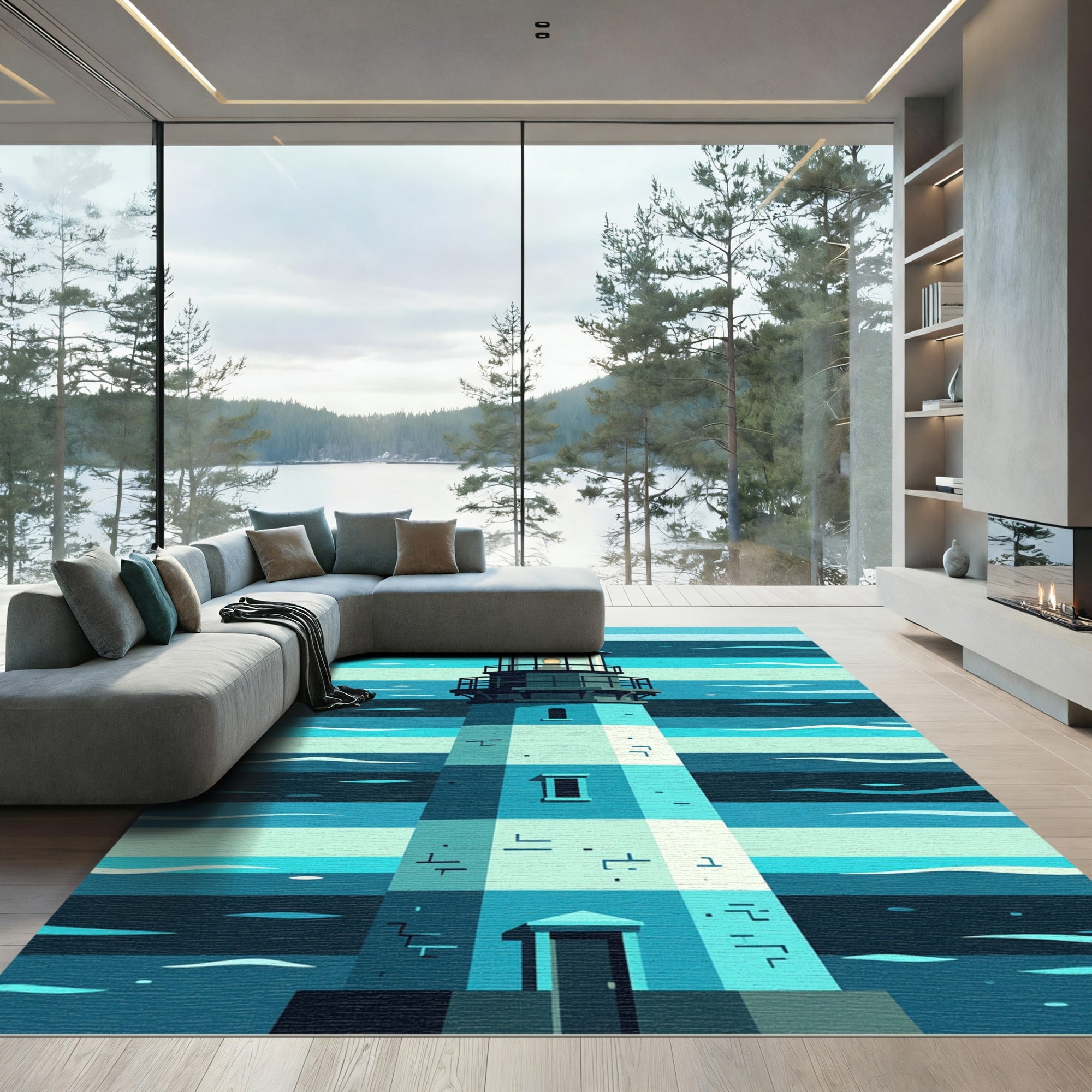 Coastal Lighthouse Navy Blue Striped Art Rug