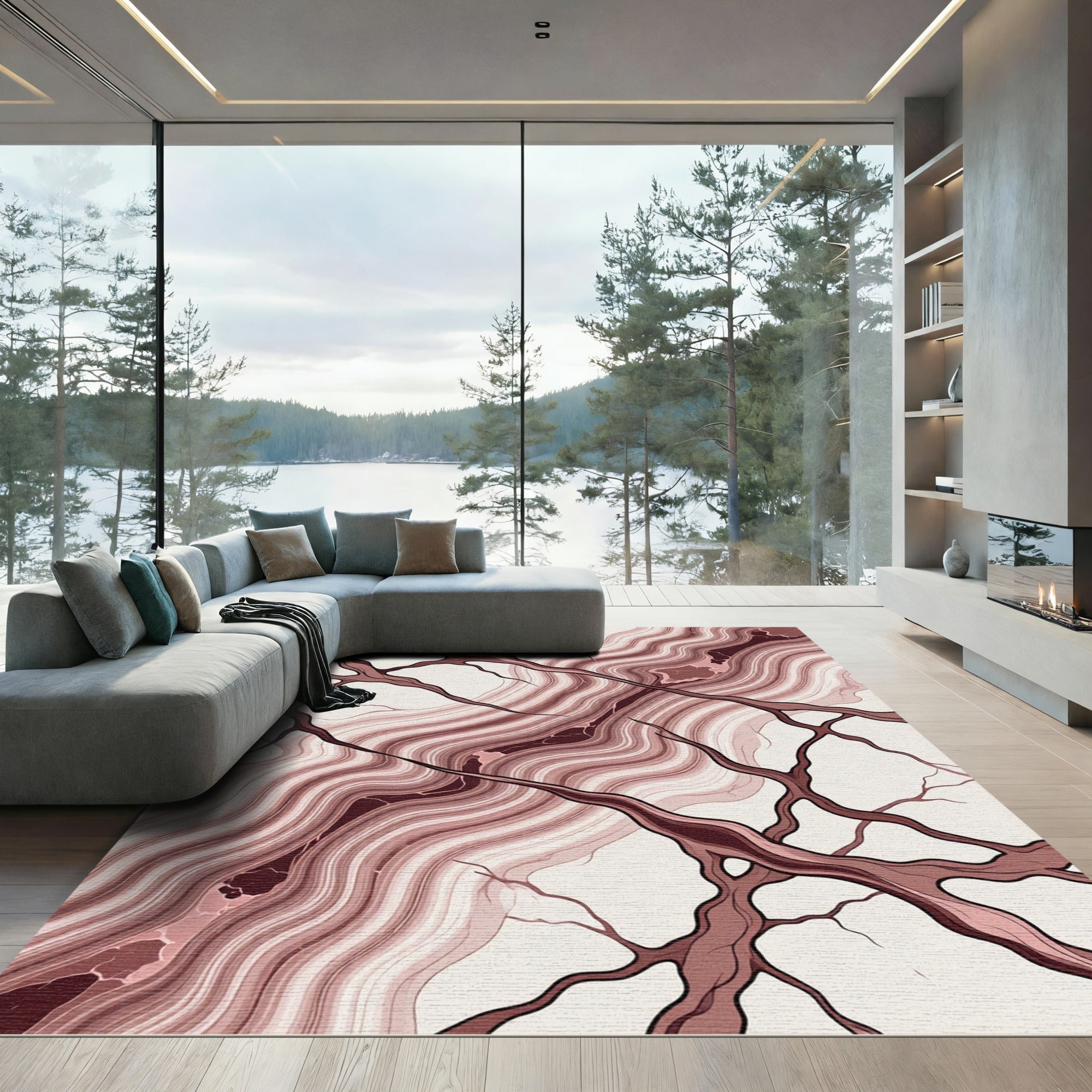 Crimson Swirl Veined Branch Art Rug