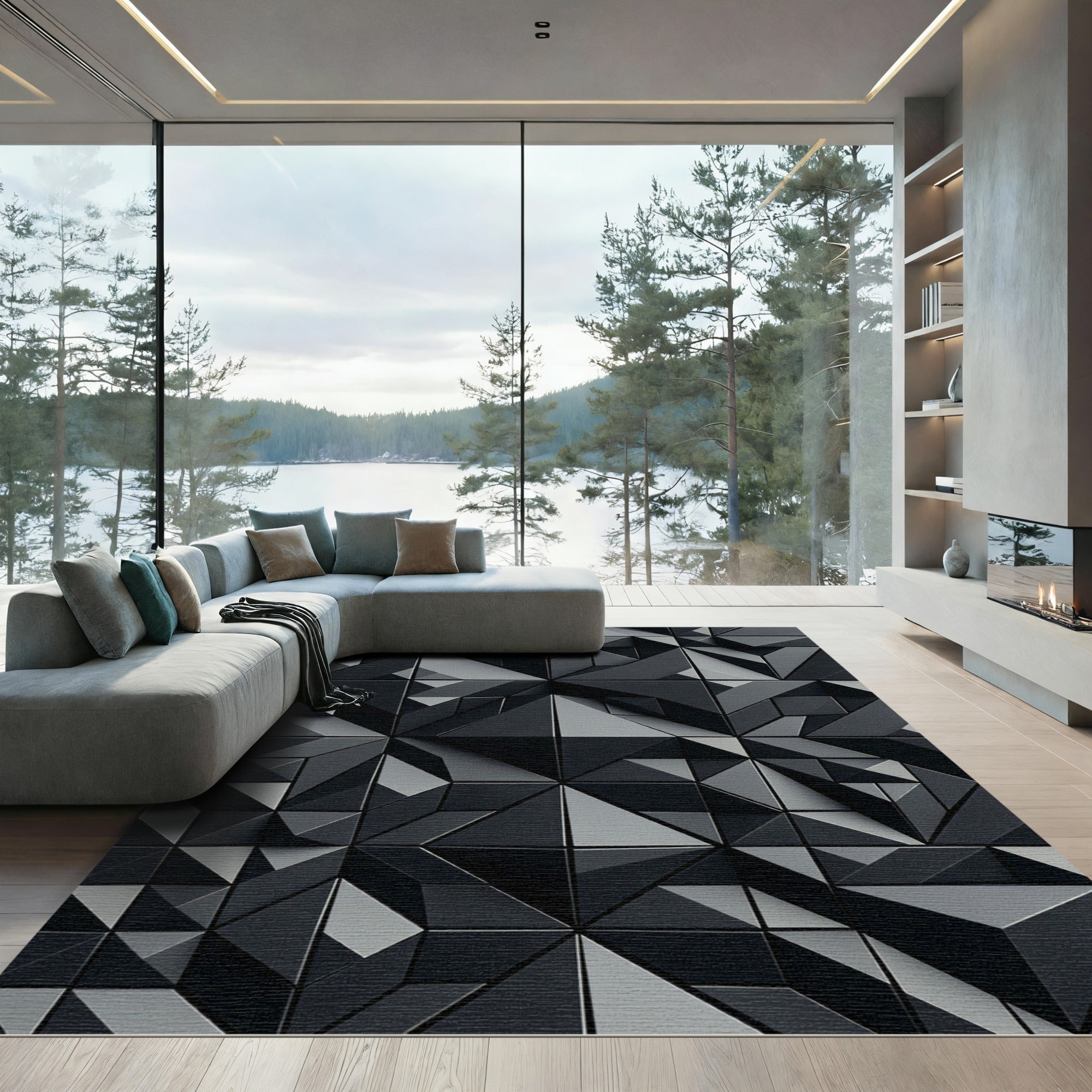 Modern Dark Gray Geometric Facets Rug
