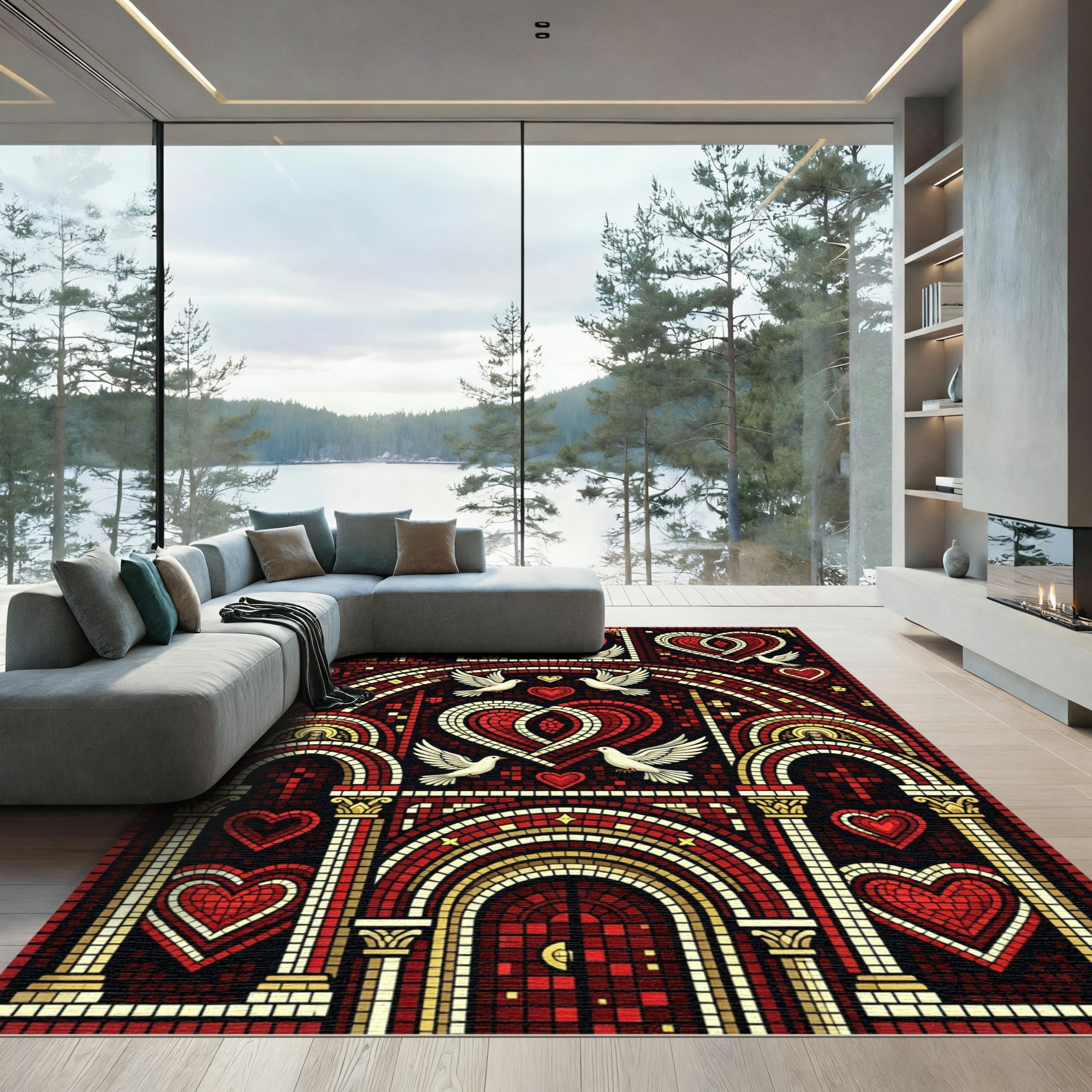 Regal Red Heart Dove Archway Mosaic Rug