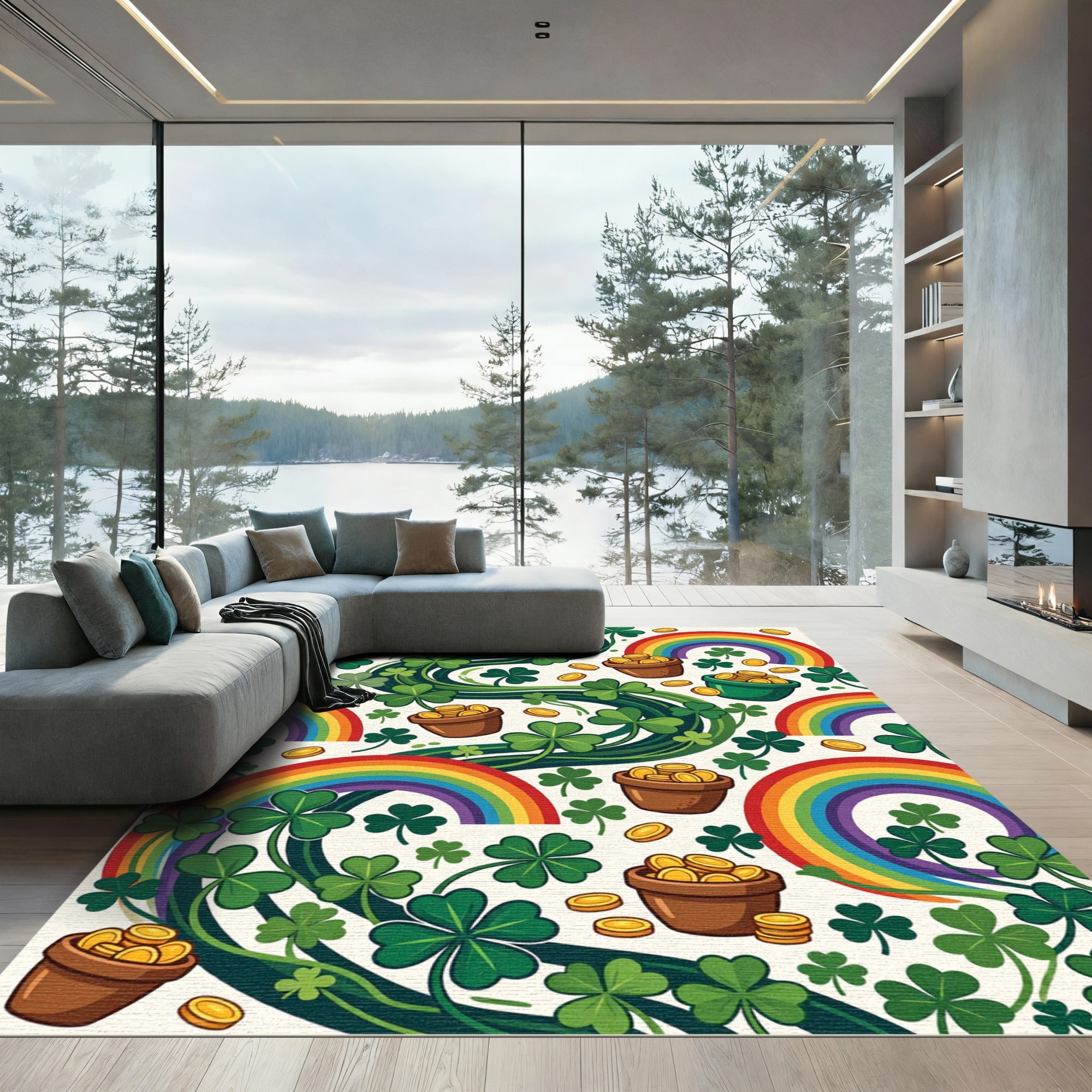 Whimsical Rainbow Shamrock Gold Coin Arrangement Rug