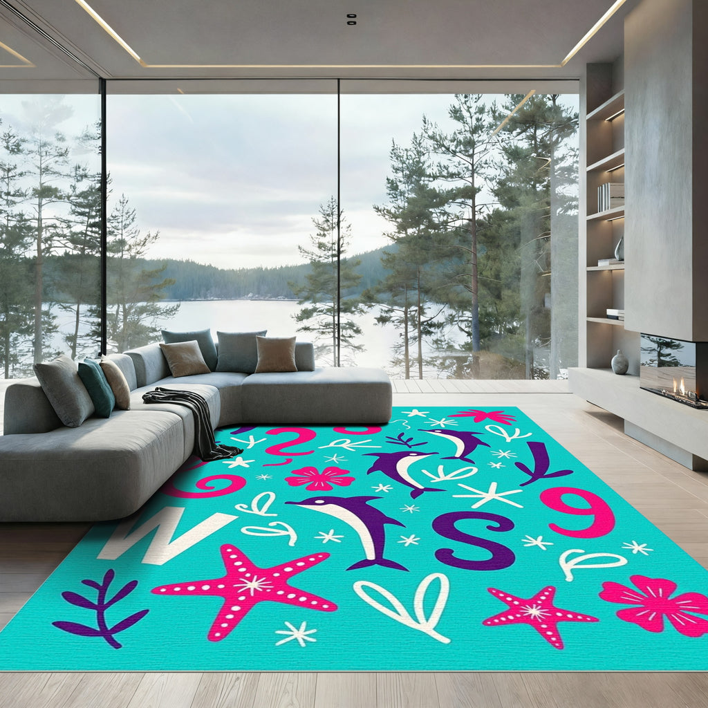Teal Purple Dolphins Pink Starfish Letters Rug