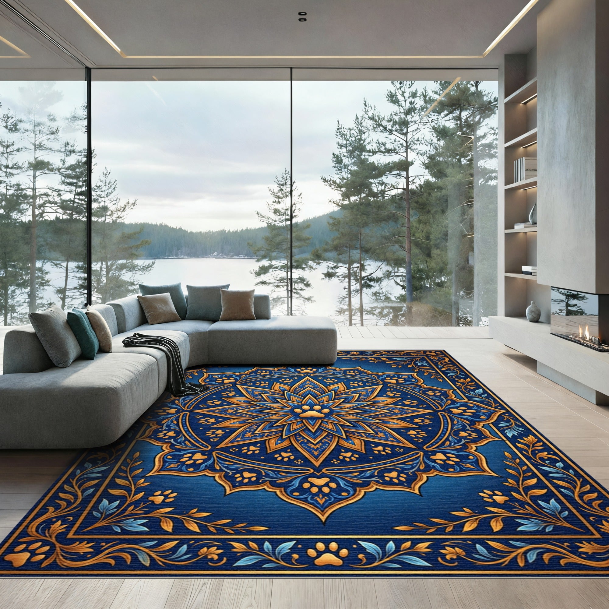 Golden Paw Medallion Navy Floral Art Rug