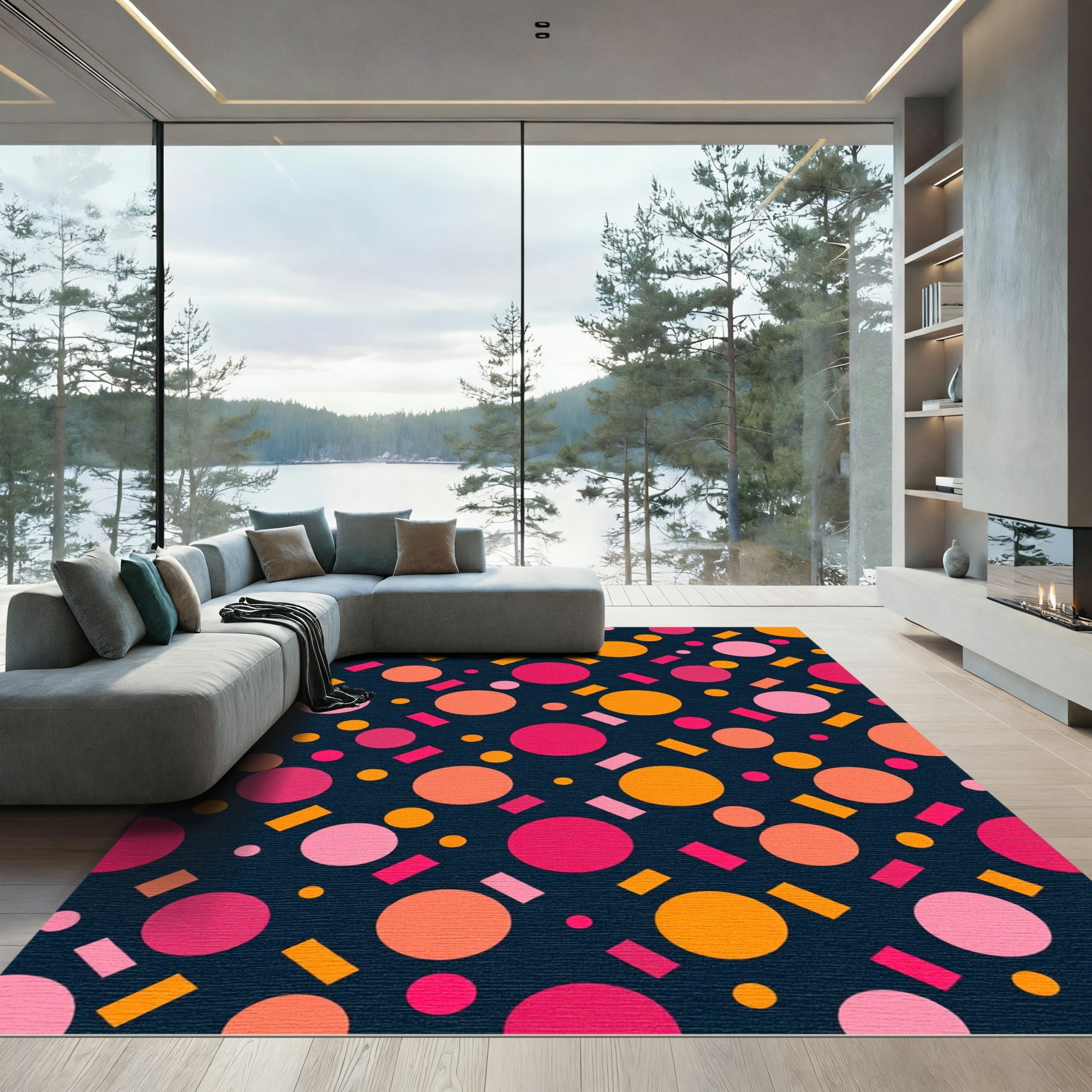 Vibrant Geometric Circles and Rectangles Rug