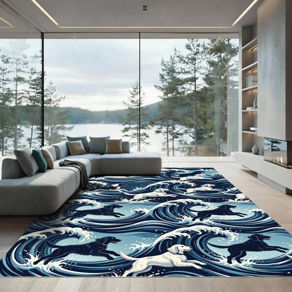 Majestic Indigo Hokusai Inspired Dog Waves Rug