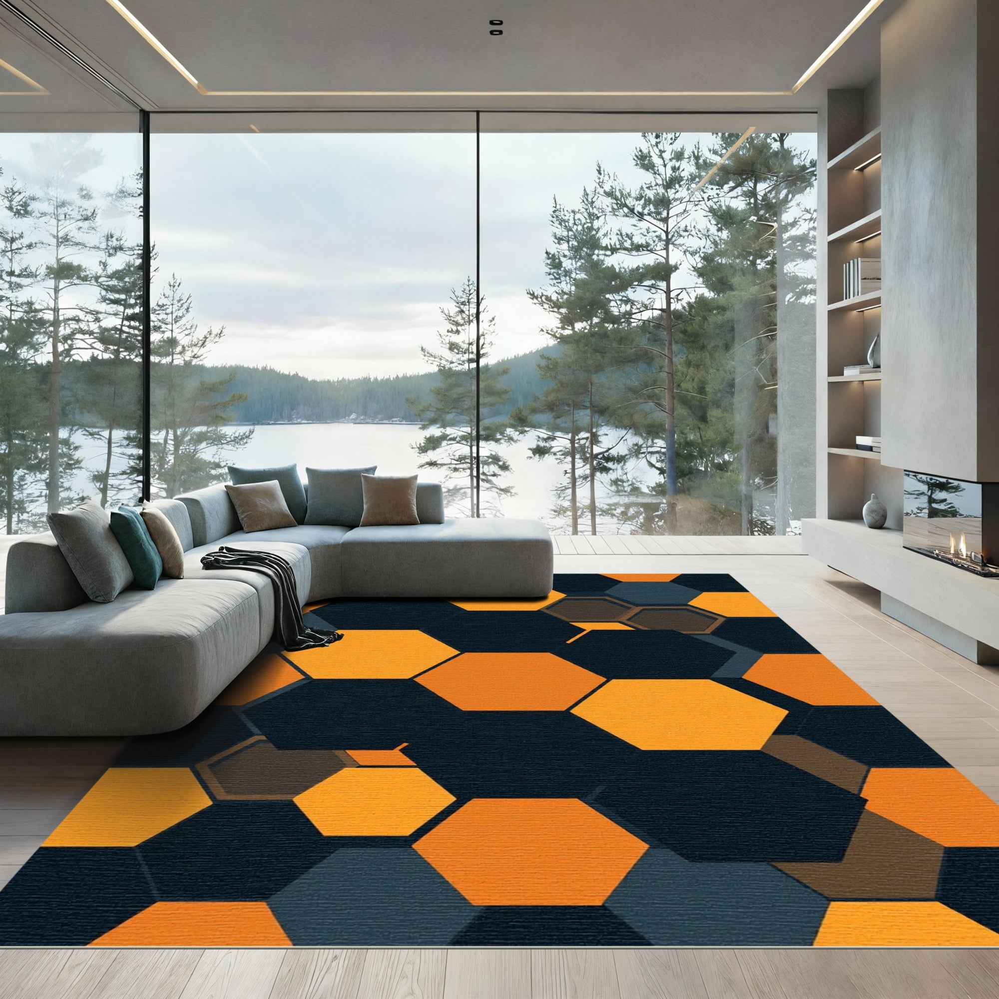 Geometric Honeycomb Orange and Charcoal Rug
