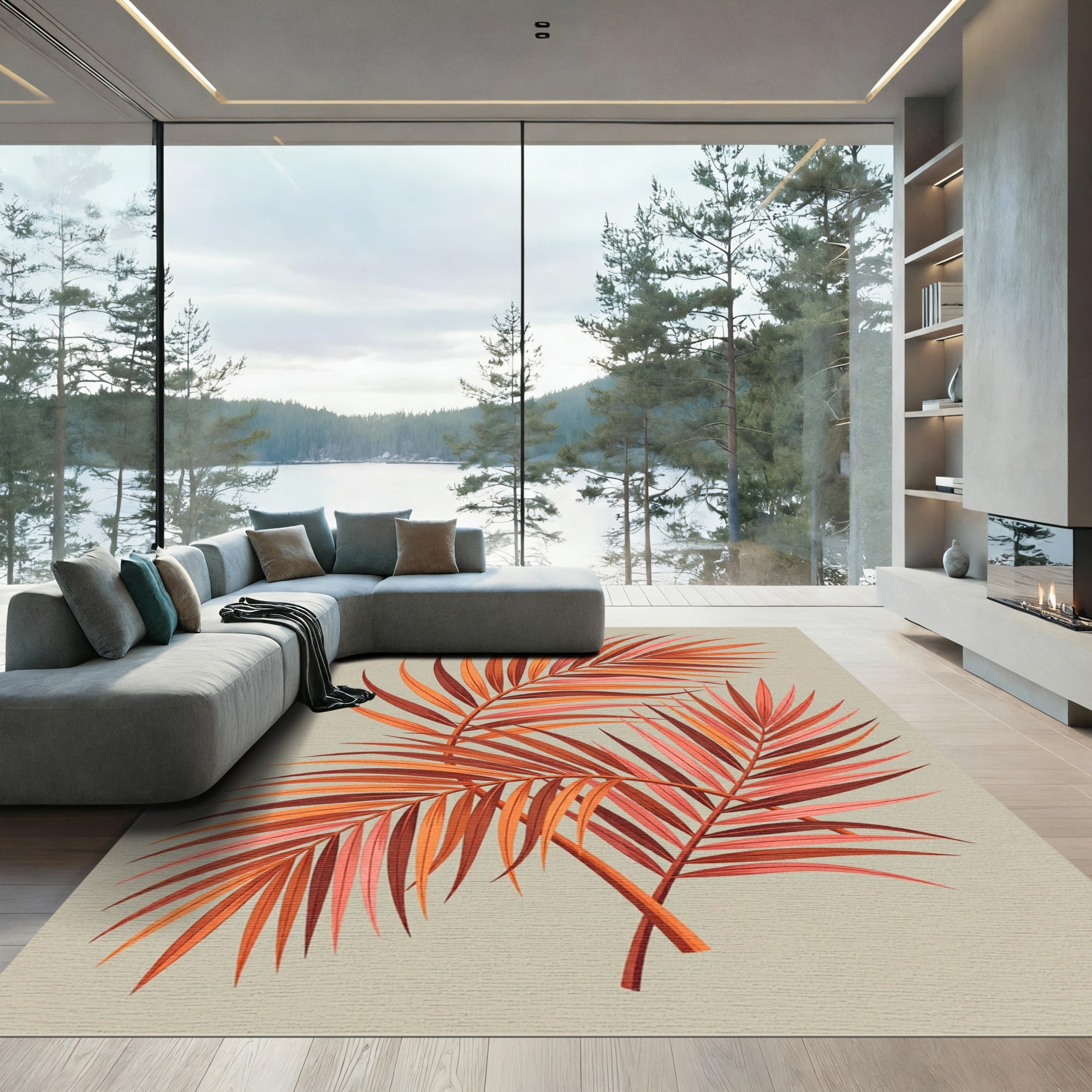 Vibrant Coral Palm Fronds Rug