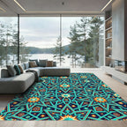 Intricate Teal and Gold Star Geometric Rug