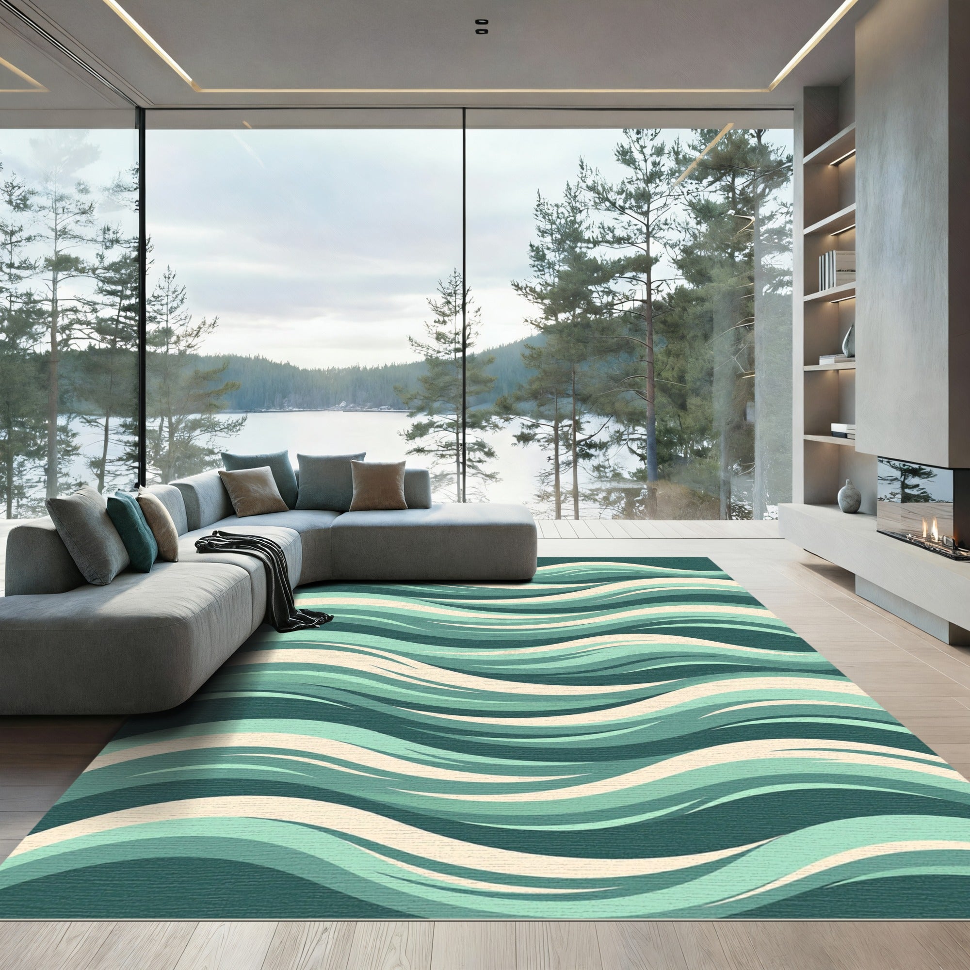 Abstract Teal Wave Flow Rug