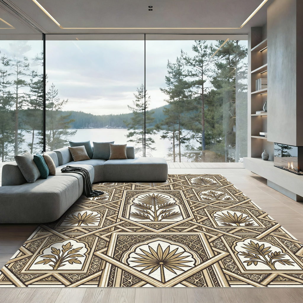 Gold Geometric Botanical Arch Tile Rug