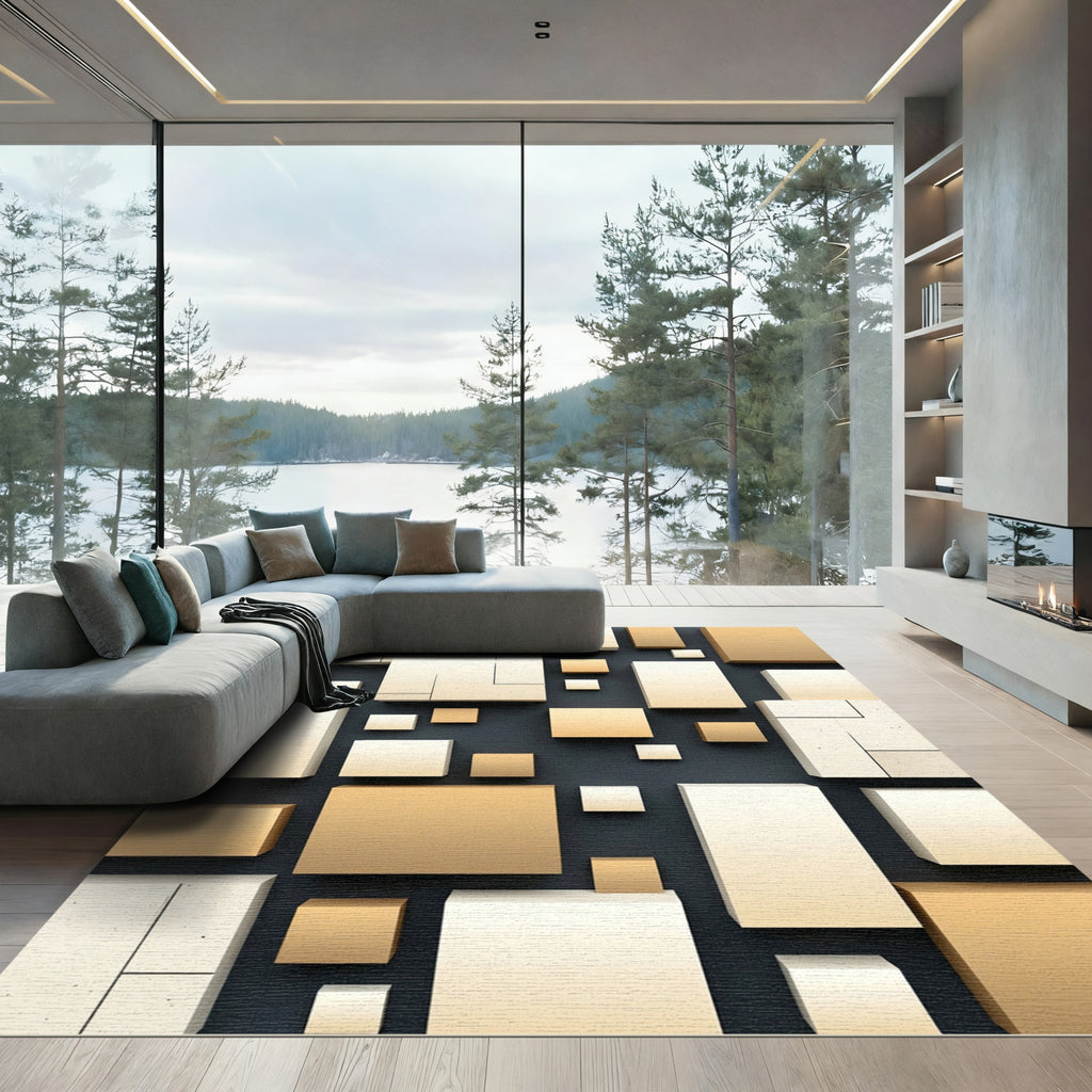 Modern Earth Tone Geometric Block Rectangle Rug