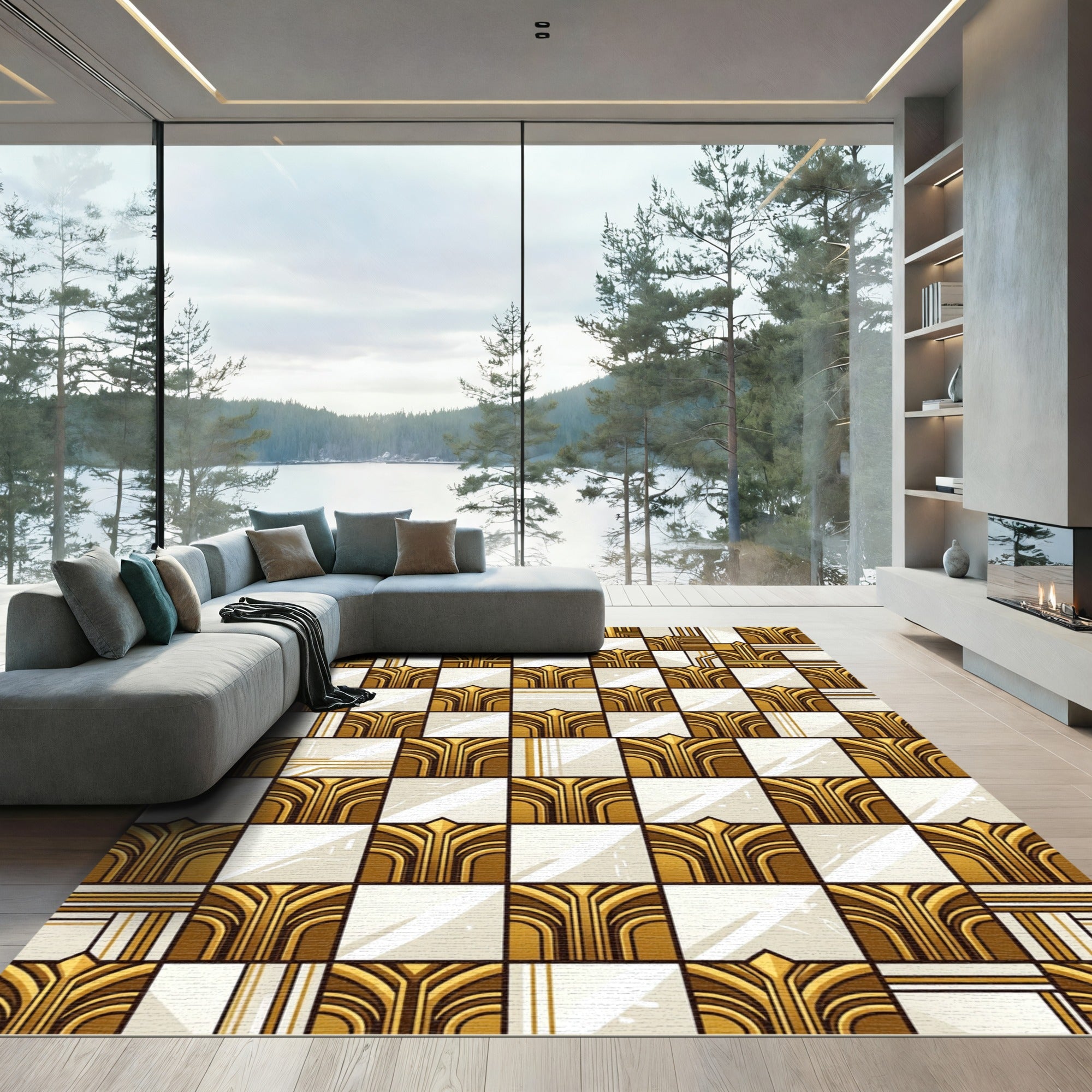 Gold White Art Deco Geometric Squares Rug